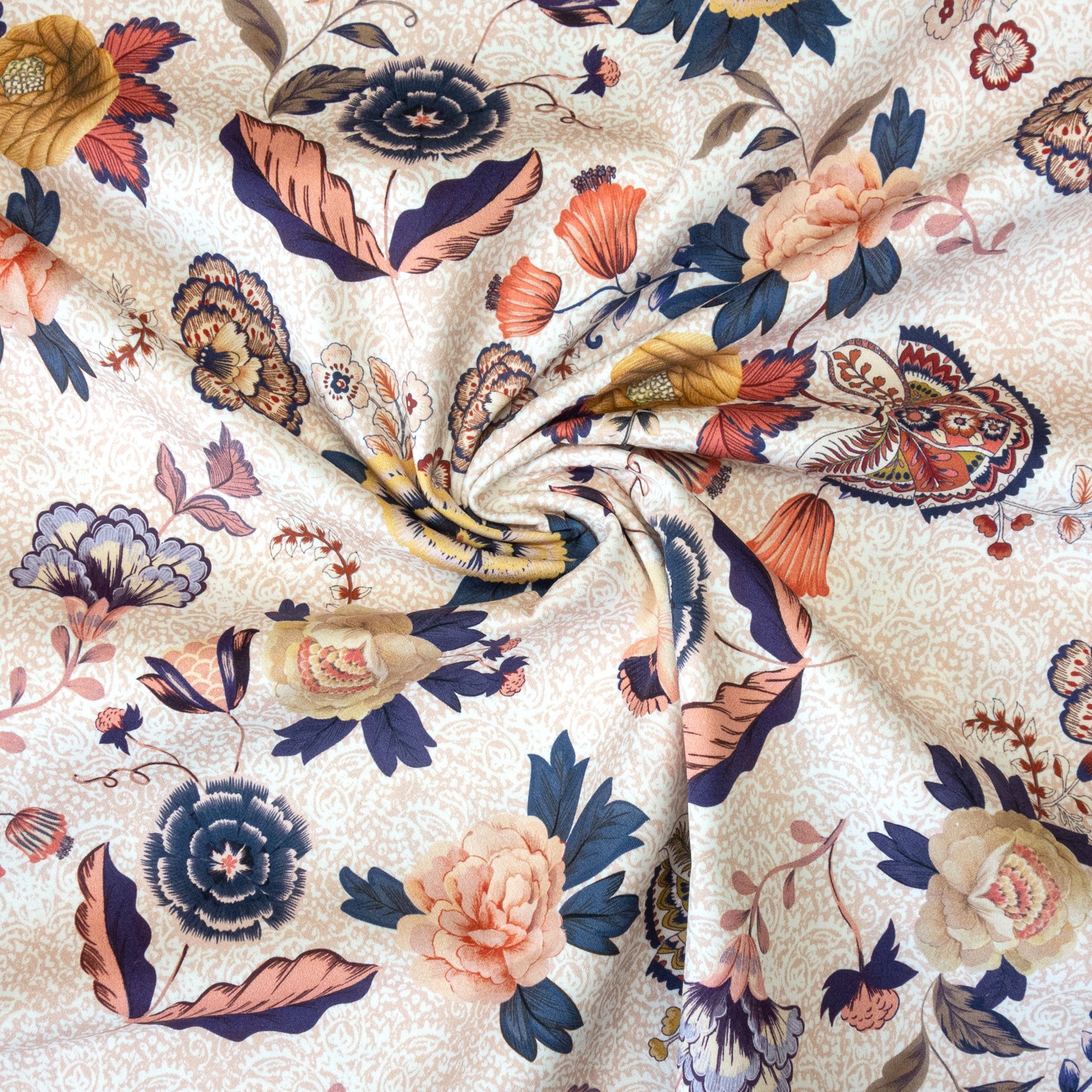 Satin, florale Motive, rosé, creme, blau, curry