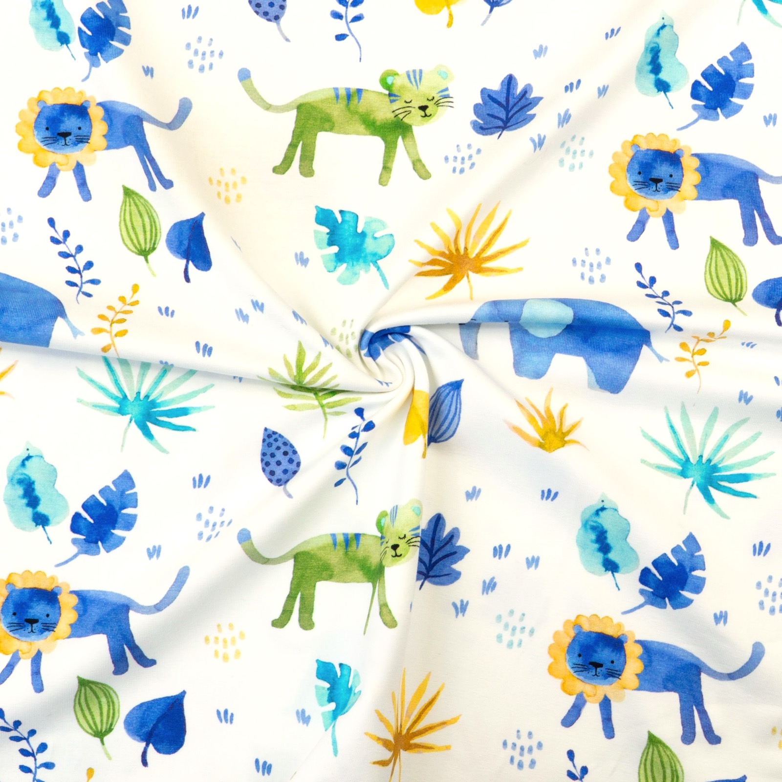 Baumwolljersey, Kindermotive - Tiere, offwhite, blau, gelb