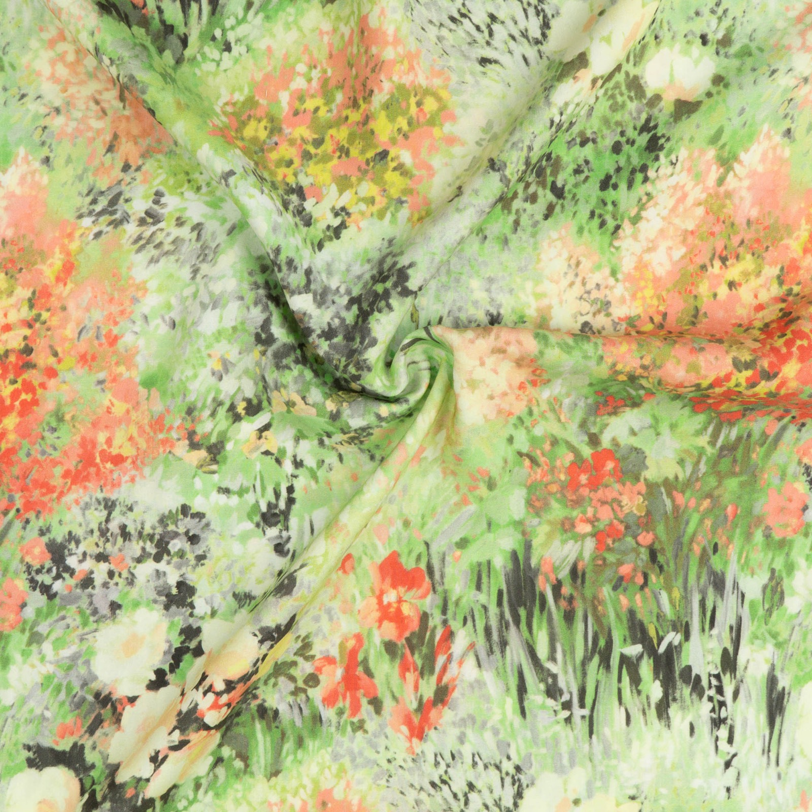 Viskosestoff, Javanaise, grüntöne, apricot, rotorange, florale Motive