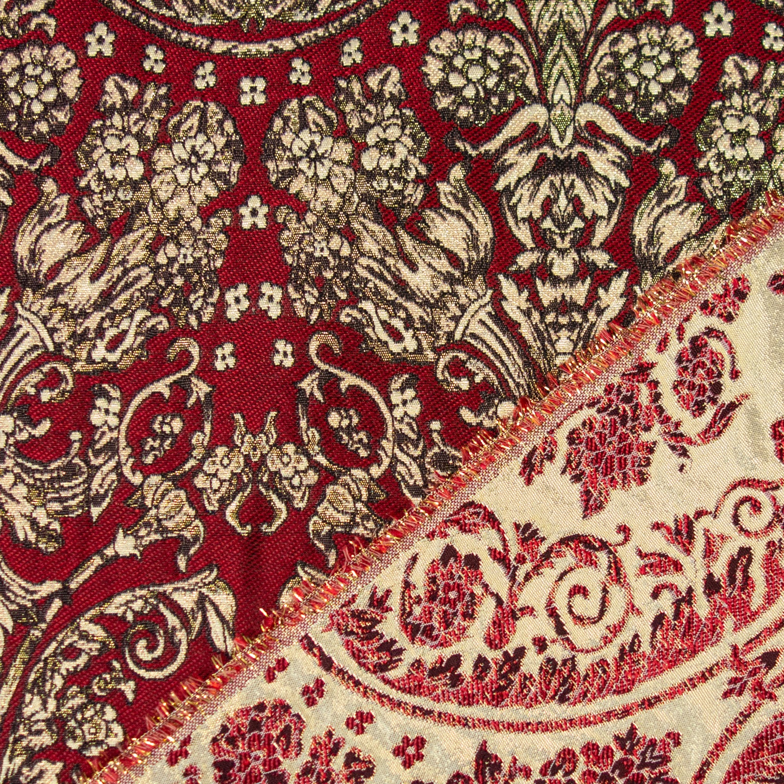 Jacquard, rot, creme, gold, Glanzeffekt, ornamental gemustert – Bild 4