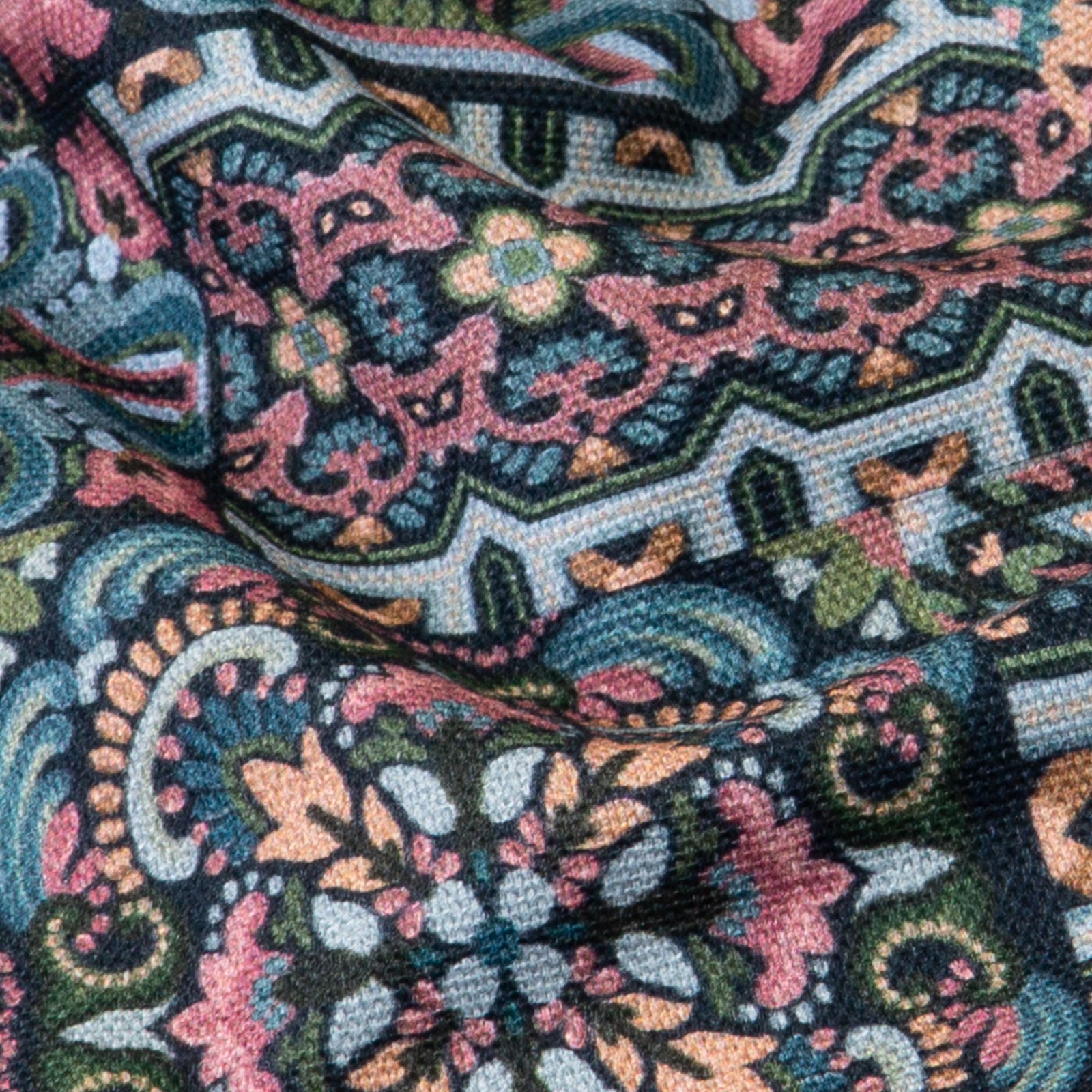 Dekostoff, Panama, grüntöne, altrosa, blautöne, apricot, grafisch gemustert – Bild 3