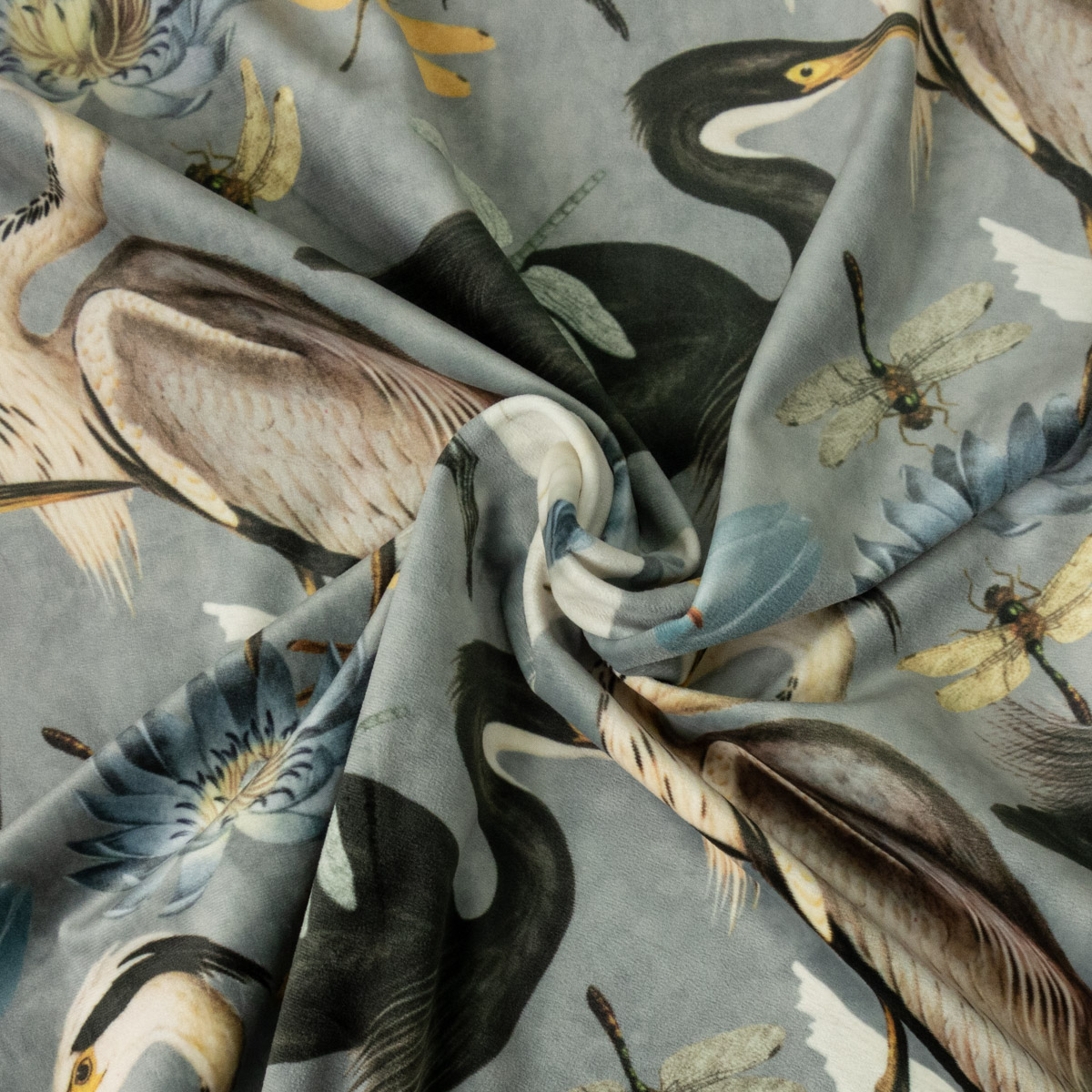 Samt, Vögel, Insekten, warmes grau, beigetöne, schwarz, gelb