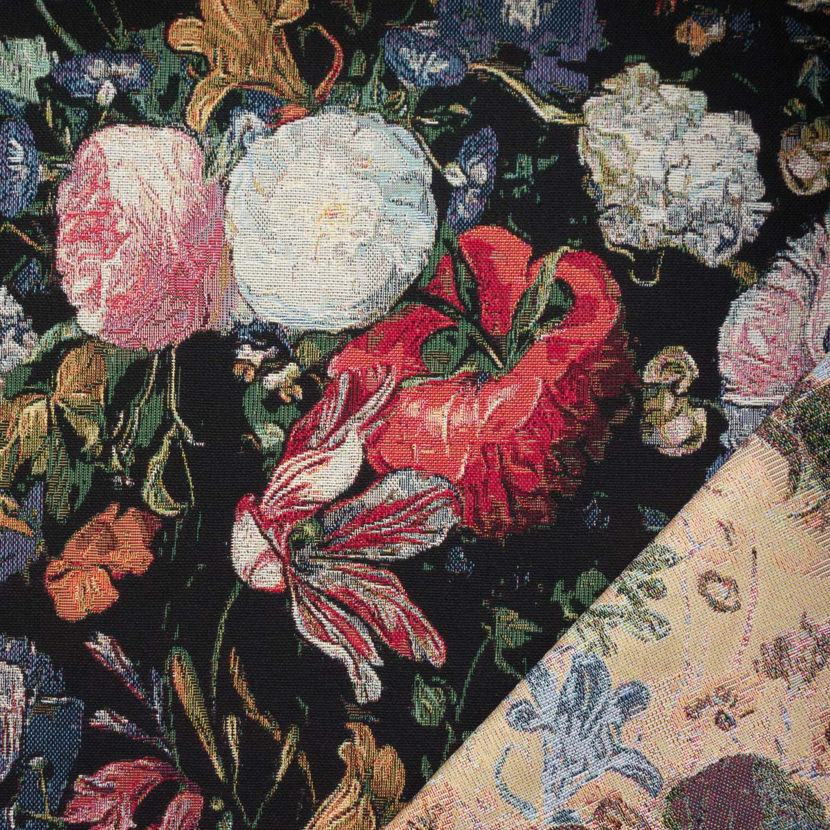 Dekostoff, Gobelin, schwarz, beerentöne, cremetöne, florale Motive – Bild 4
