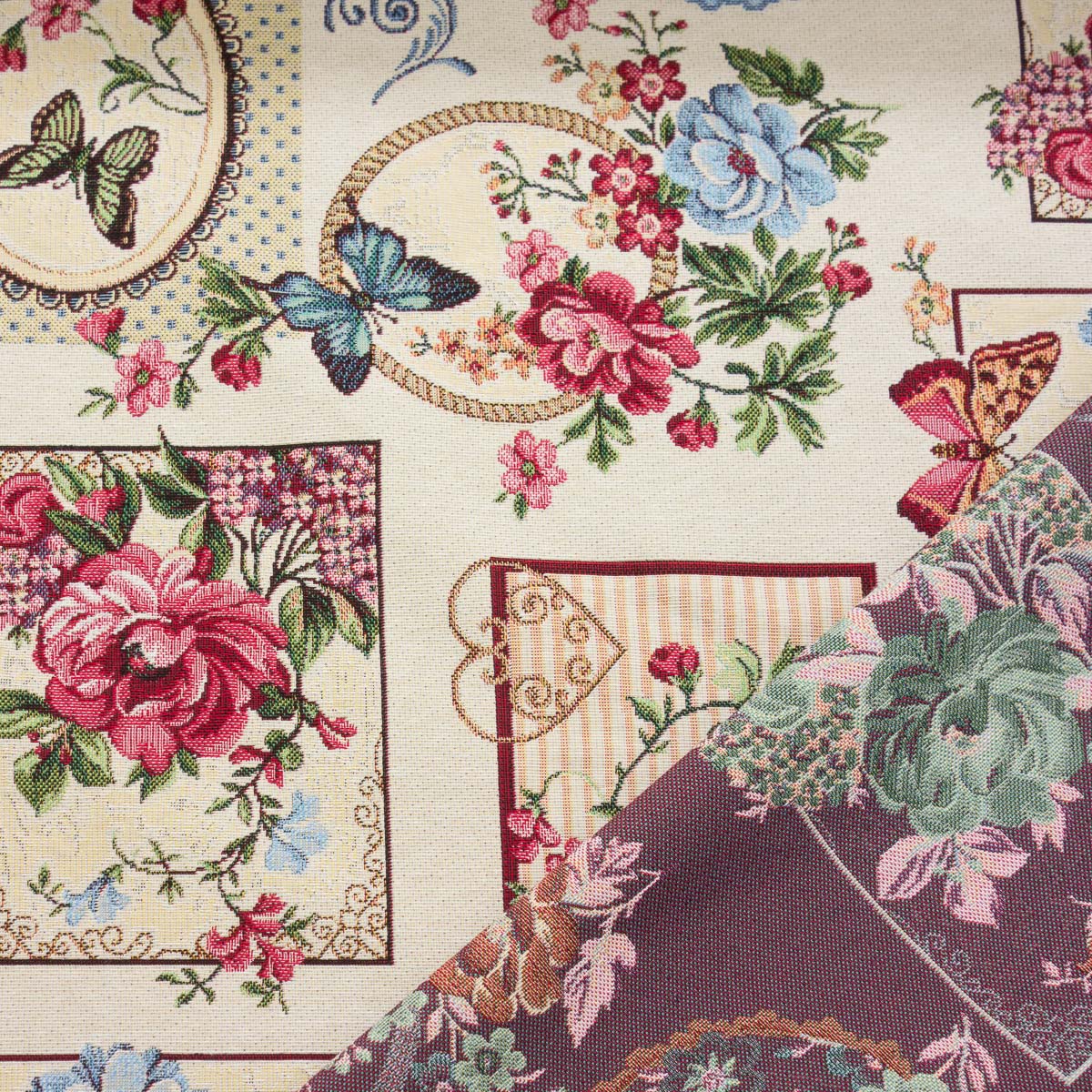 Dekostoff, Gobelin, cremetöne, rottöne, blautöne, florale Motive, Insekten – Bild 4