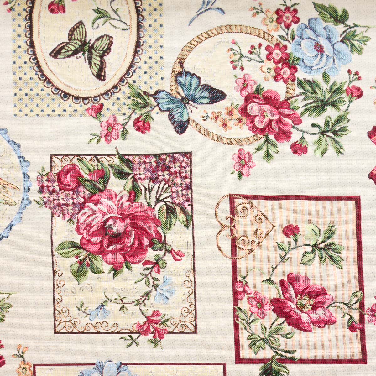 Dekostoff, Gobelin, cremetöne, rottöne, blautöne, florale Motive, Insekten – Bild 5