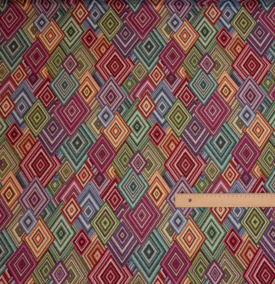 Dekostoff, Gobelin, rottöne, blautöne, grafisch gemustert – Bild 6