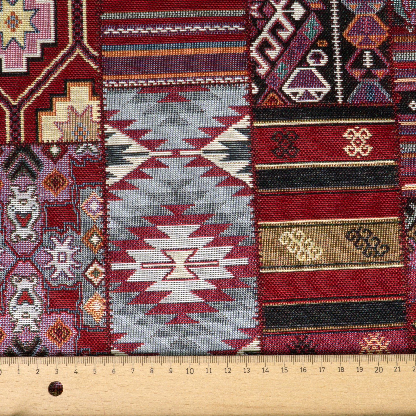 Dekostoff, Gobelin, rot, offwhite, graublau, rosa, Ethno-Muster – Bild 6