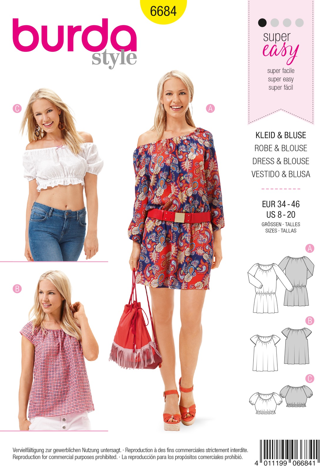 Einzelschnittmuster Burda style, Top, Kleid, Gelb