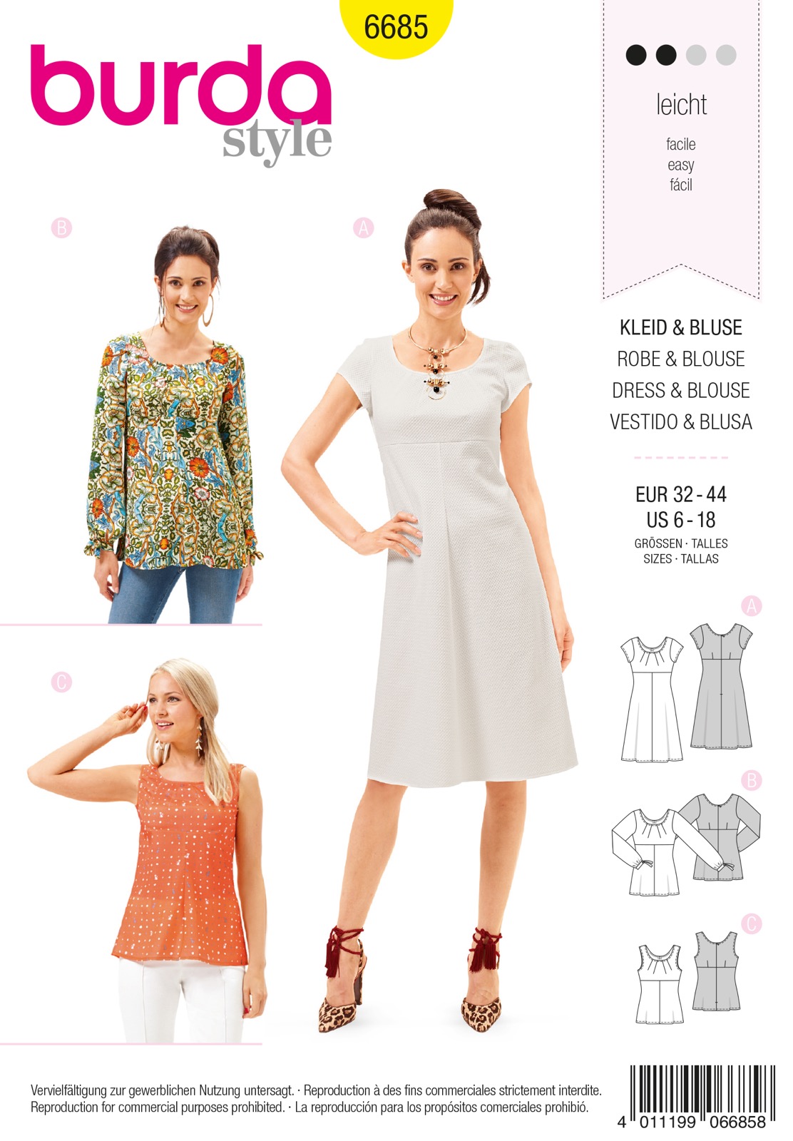 Einzelschnittmuster Burda style, Top, Kleid, Gelb