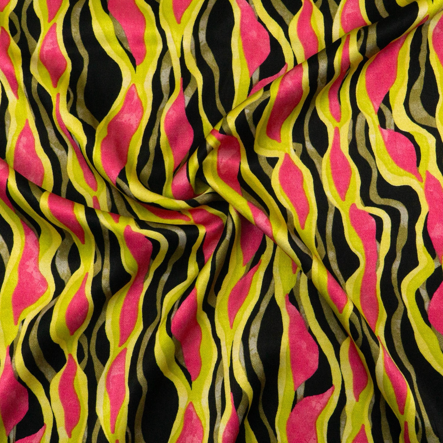 Satin, abstrakt gemustert, schwarz, gelbgrün, pink, graugrün