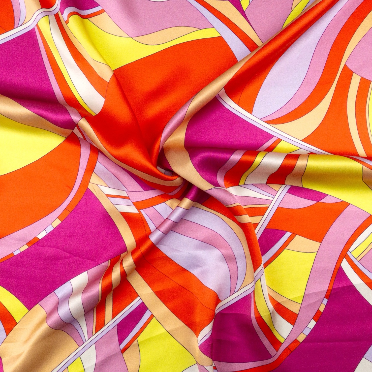 Seidenstoff, Satin, rotorange, gelb, rosa, abstrakt gemustert