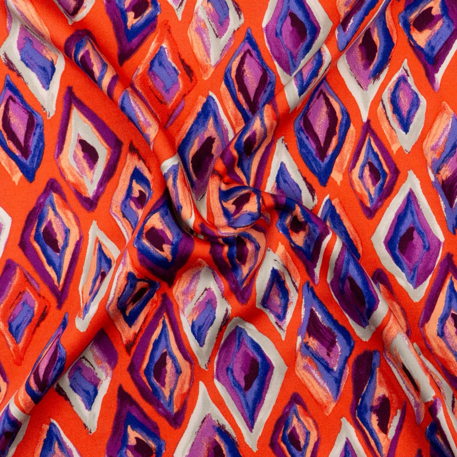 Viskosestoff, Satin, orange, rot, lila, abstrakt gemustert