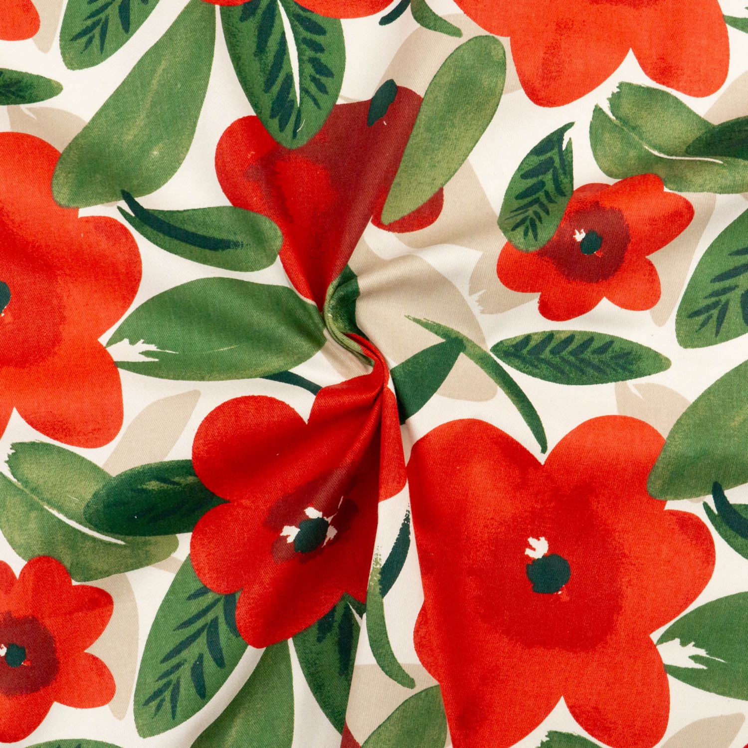 Dekostoff, Twill, rot, grün, weiß, florale Motive