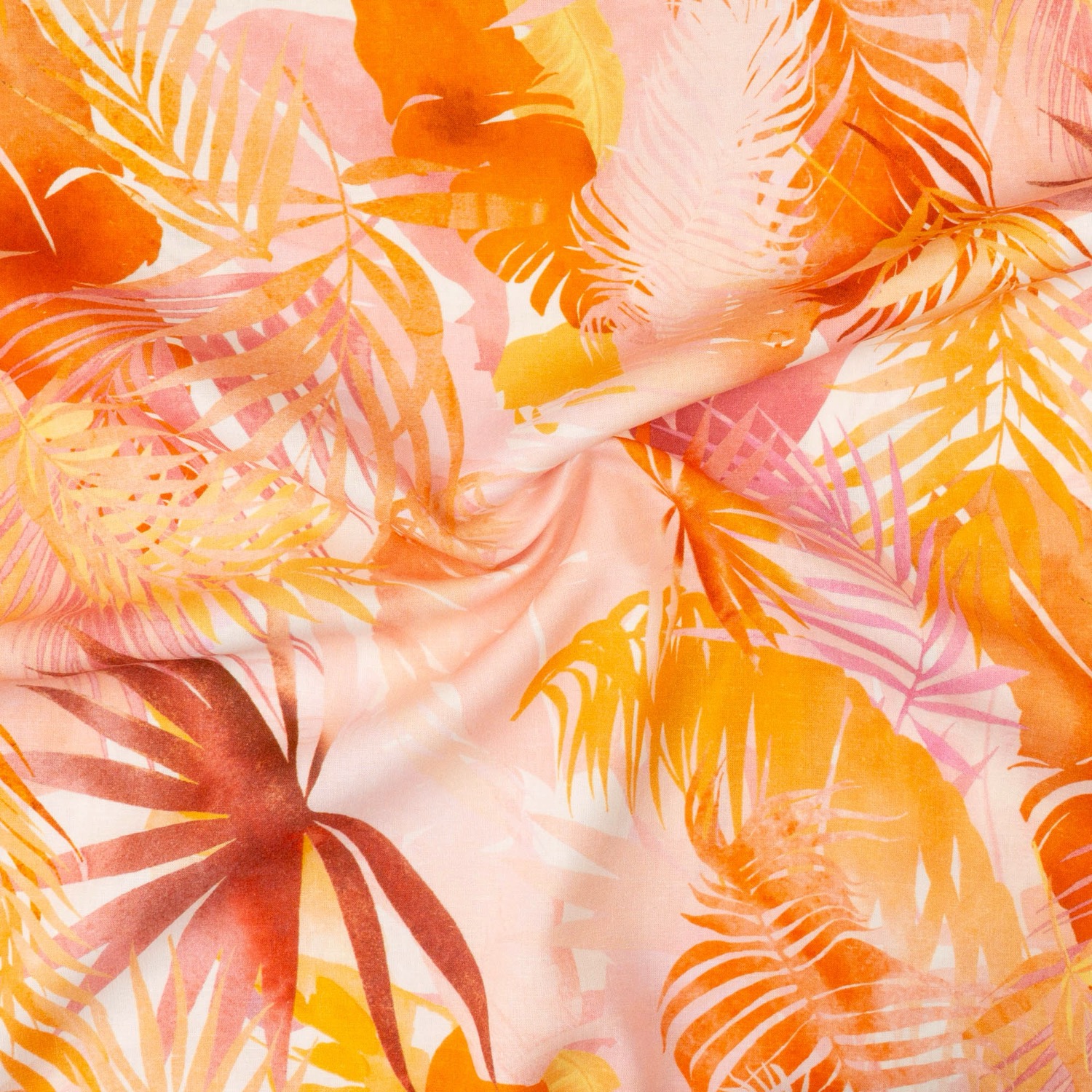 Viskosestoff, Leinengemisch, rosatöne, orangetöne, offwhite, florale Motive
