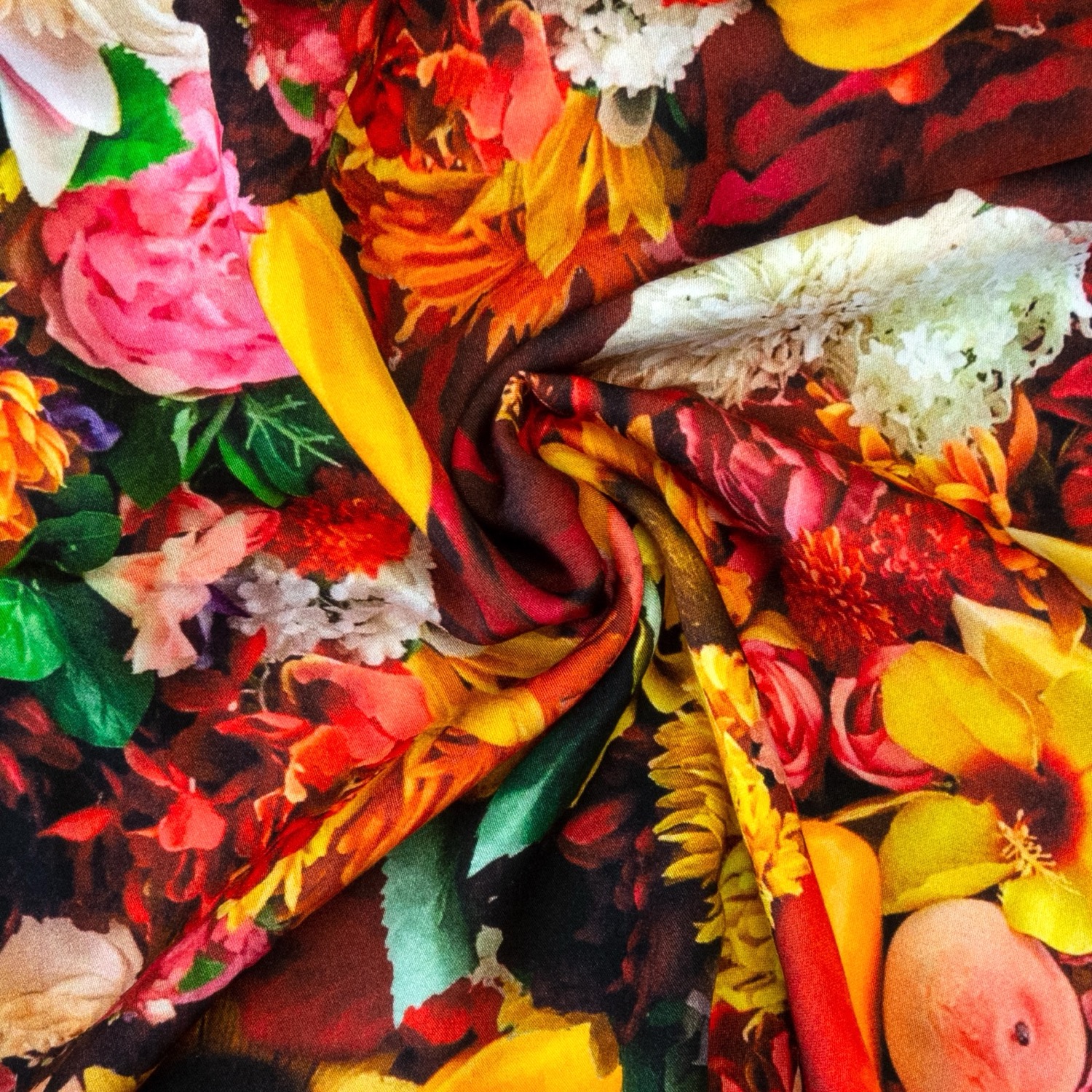 Viskosestoff, Javanaise, gelb, rot, grün, creme, florale Motive, Früchte