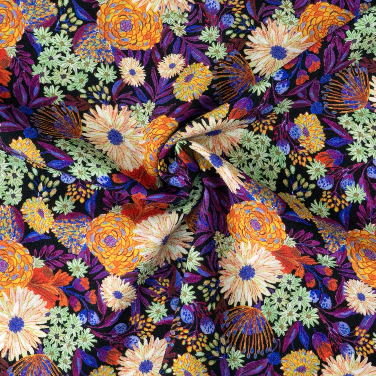 Viskosestoff, Javanaise, schwarz, lilatöne, gelb, grün, florale Motive
