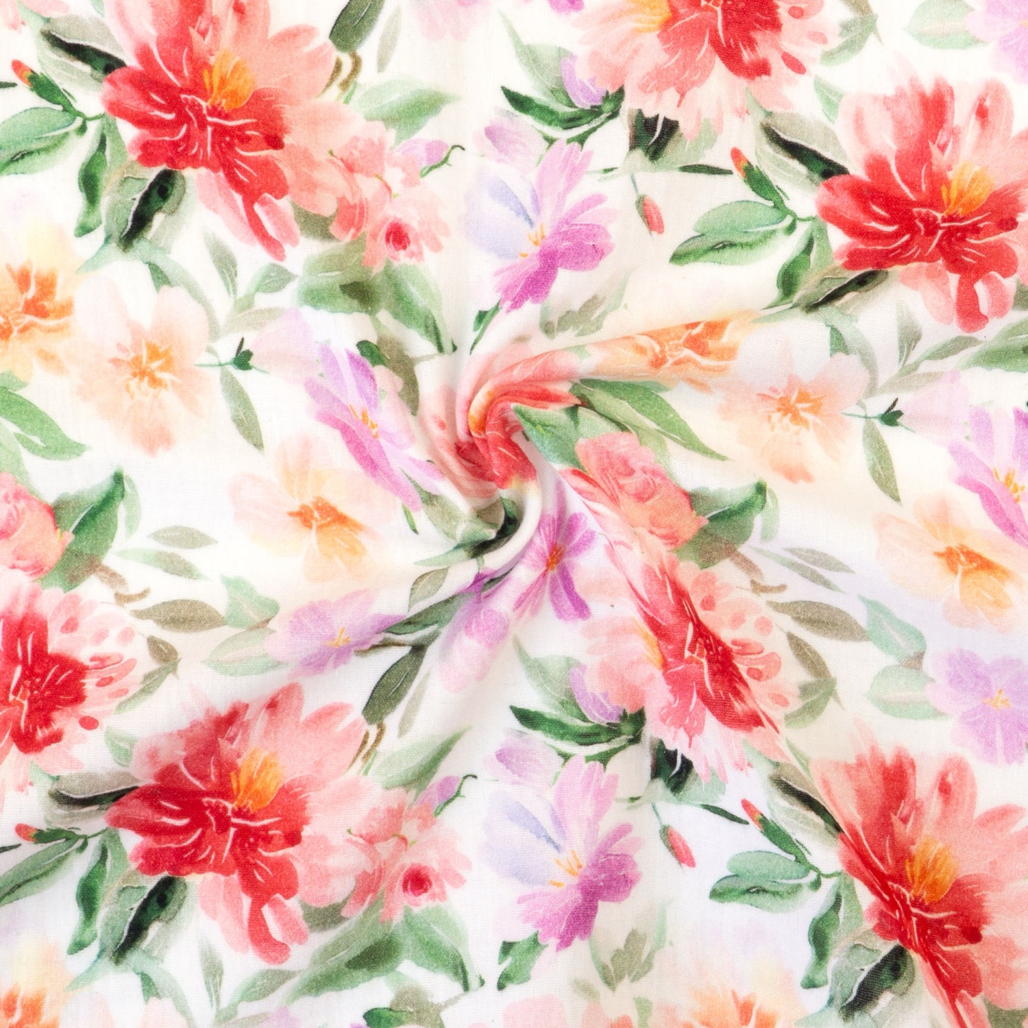 Baumwollstoff, Musselin, weiß, rot, flieder, rosa, florale Motive