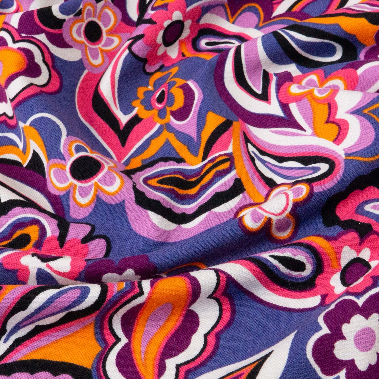 French Terry, beere dunkel, orange, pink, Paisley-Muster, florale Motive – Bild 3