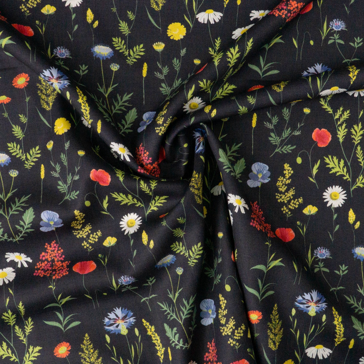Viskosestoff, Satin, schwarz, kirschrot, grün, gelb, florale Motive