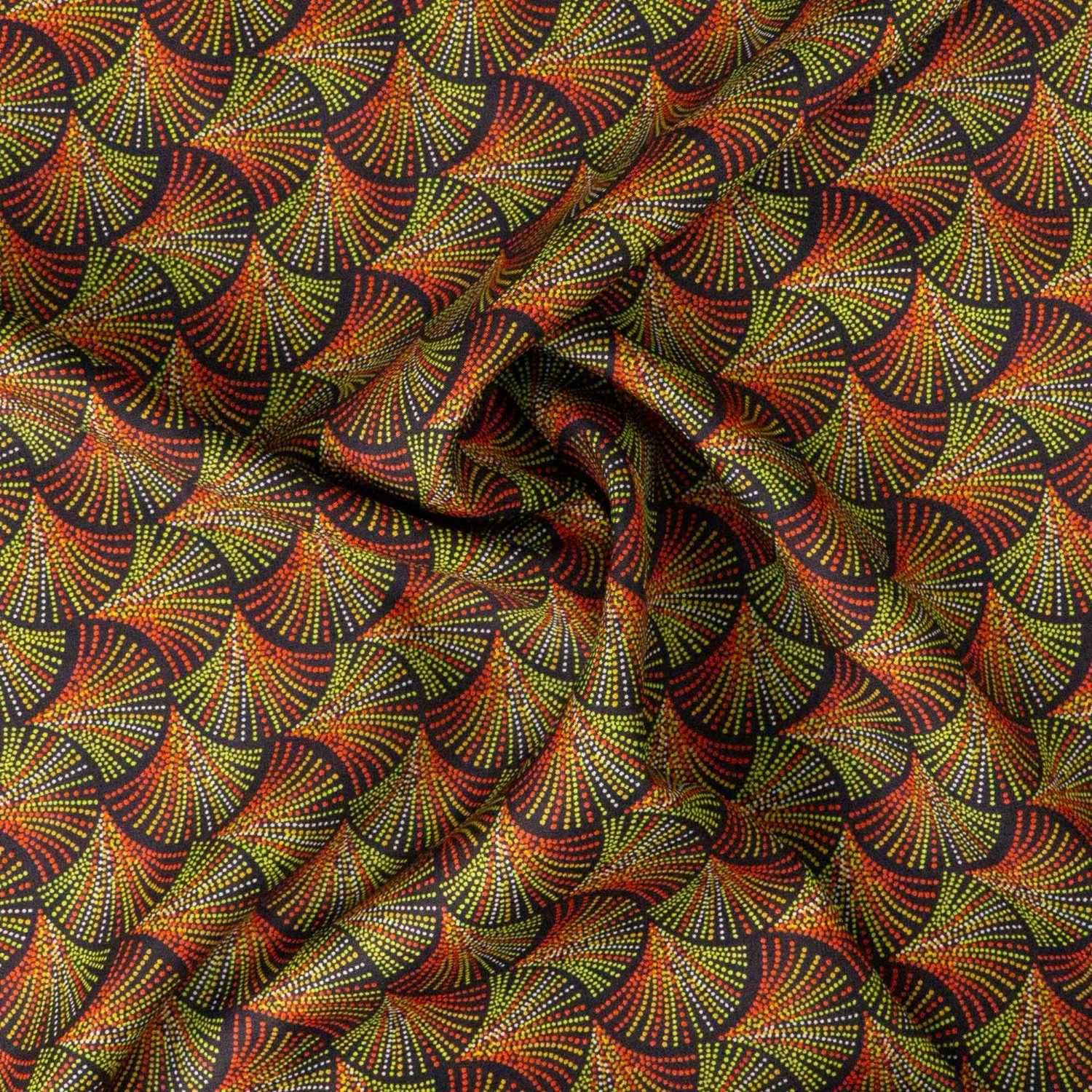 Viskosestoff, Satin, schwarz, rot, orange, gelb, grafisch gemustert
