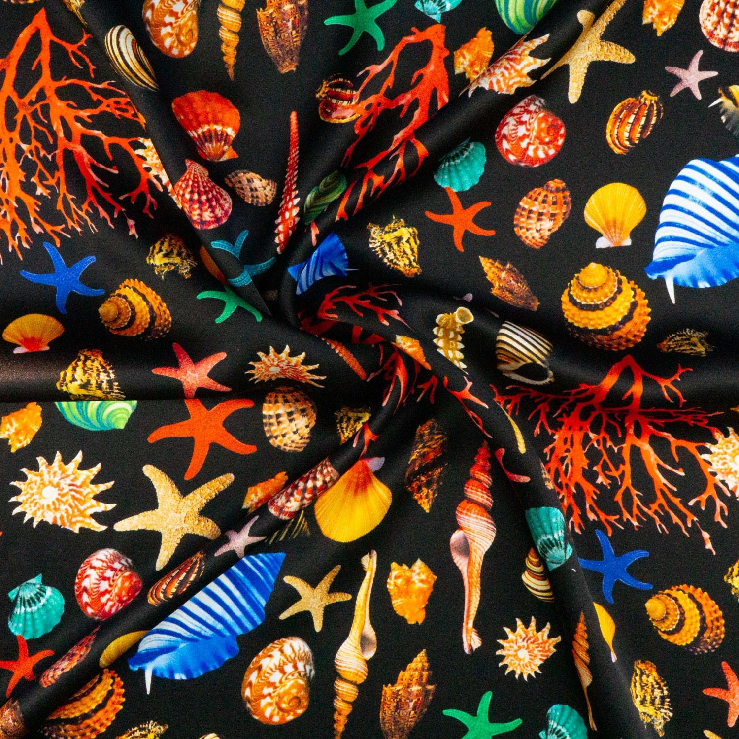 Seidenstoff, Satin, schwarz, türkis, rot, orange, maritim gemustert