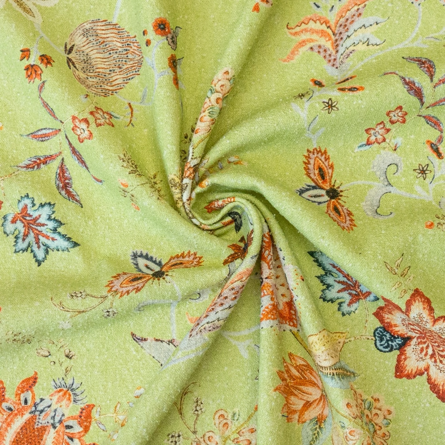 Seidenstoff, Bouretteseide, hellgrün, orangetöne, blautöne, Paisleyblüten