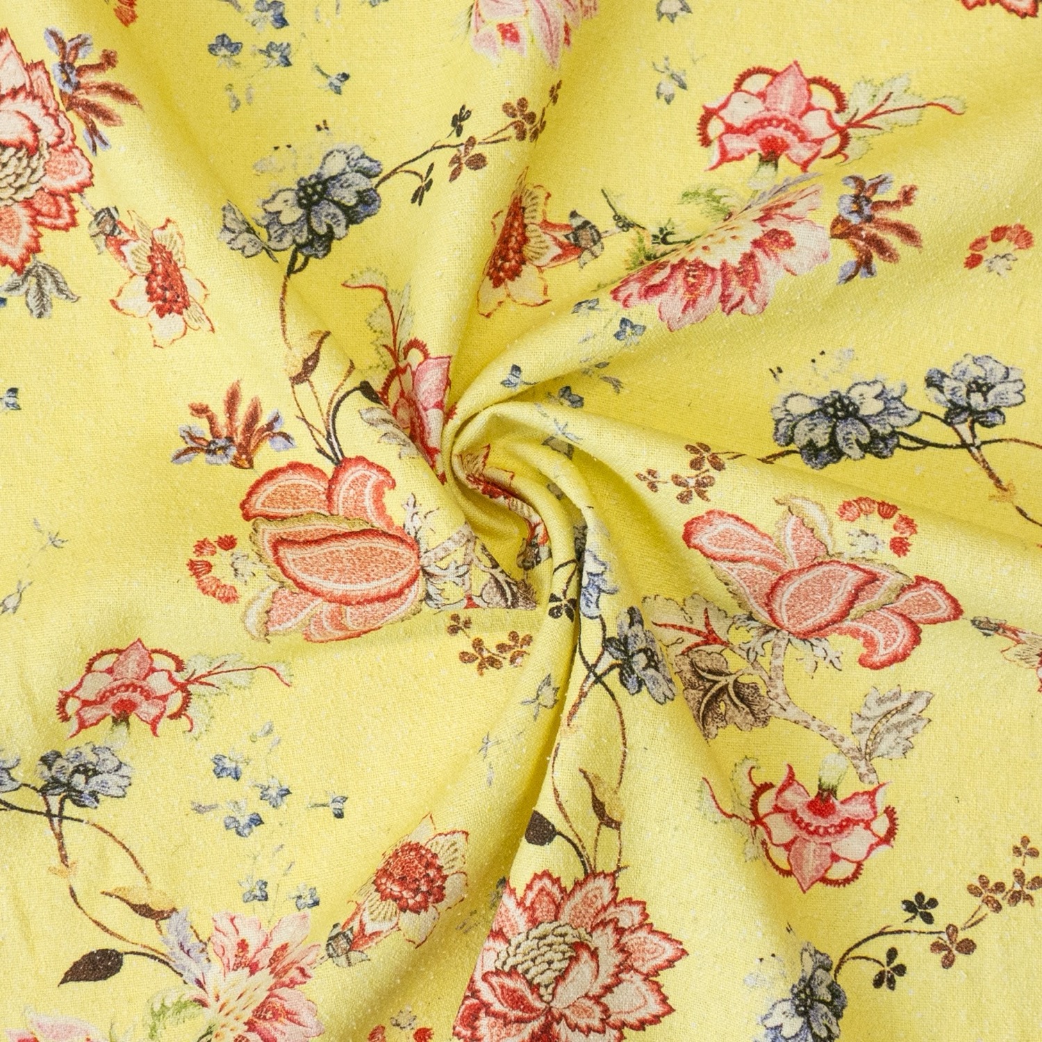 Seidenstoff, Bouretteseide, hellgelb, rottöne, blautöne, Paisleyblüten
