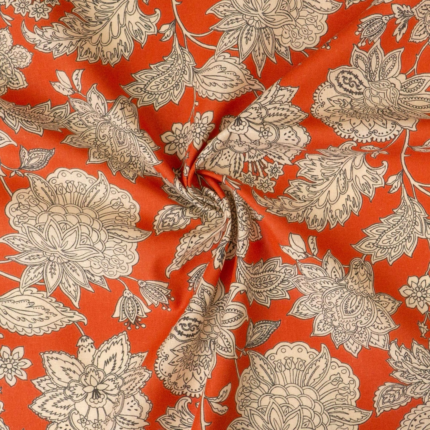 Baumwollstoff, Cretonne, rotorange, pfirsich, schwarz, Paisleyblüten