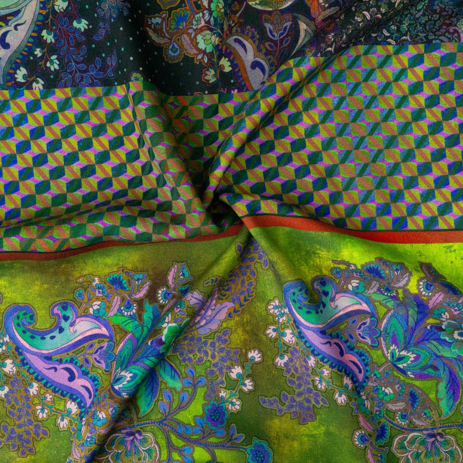 Viskosestoff, Crêpe, braun, grün, mittelblau, grafisch gemustert, Paisleyblüten