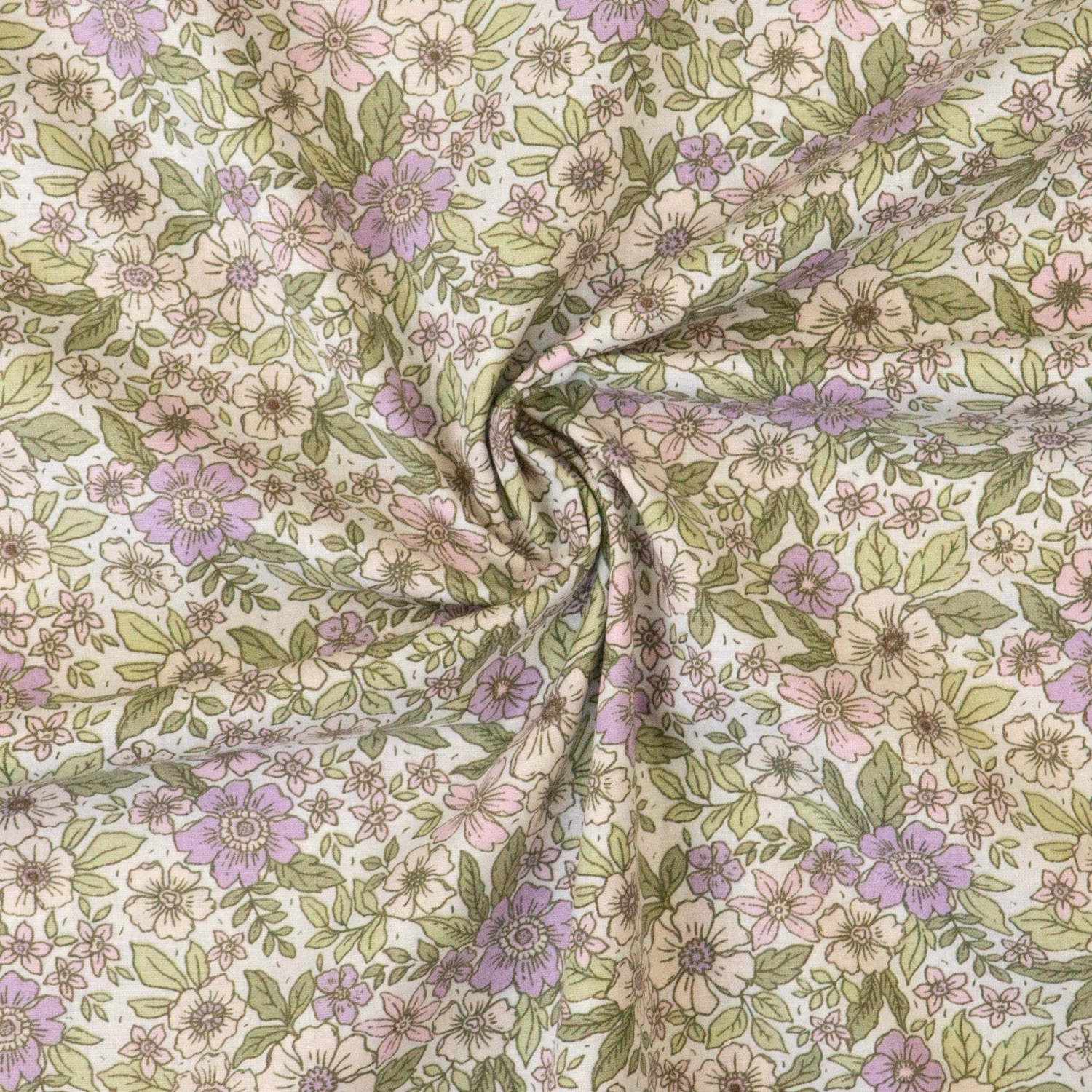 Baumwollstoff, Cretonne, offwhite, grüntöne, flieder, florale Motive