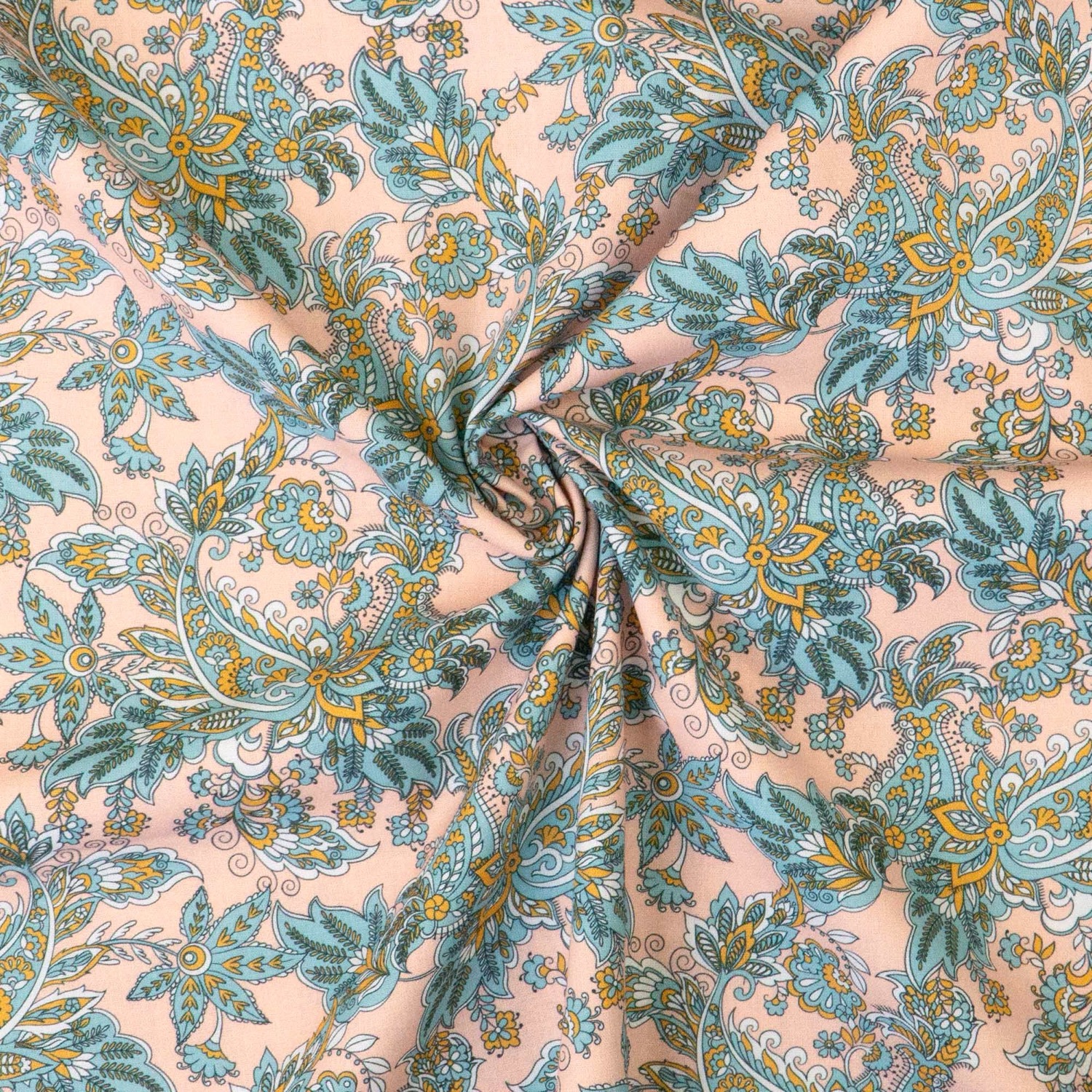 Baumwollstoff, Cretonne, rosa, blaugrau, orange, Paisleyblüten