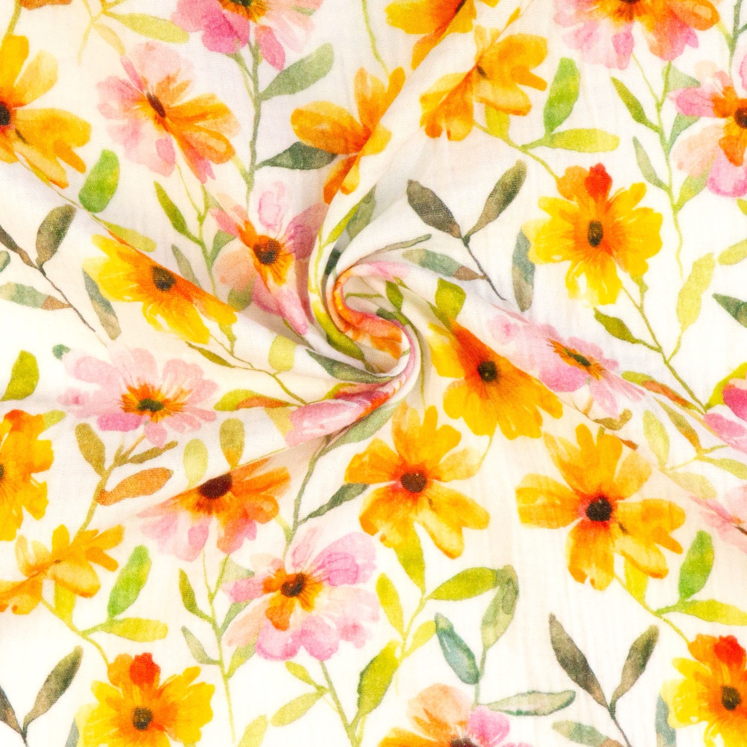 Baumwollstoff, Musselin, offwhite, grüntöne, orange, rosa, florale Motive