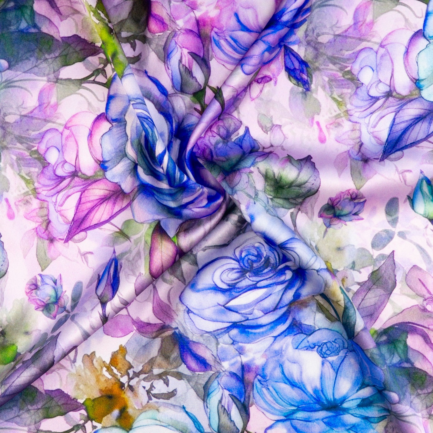 Elastischer Seidenstoff, Satin, blautöne, lilatöne, grün, florale Motive