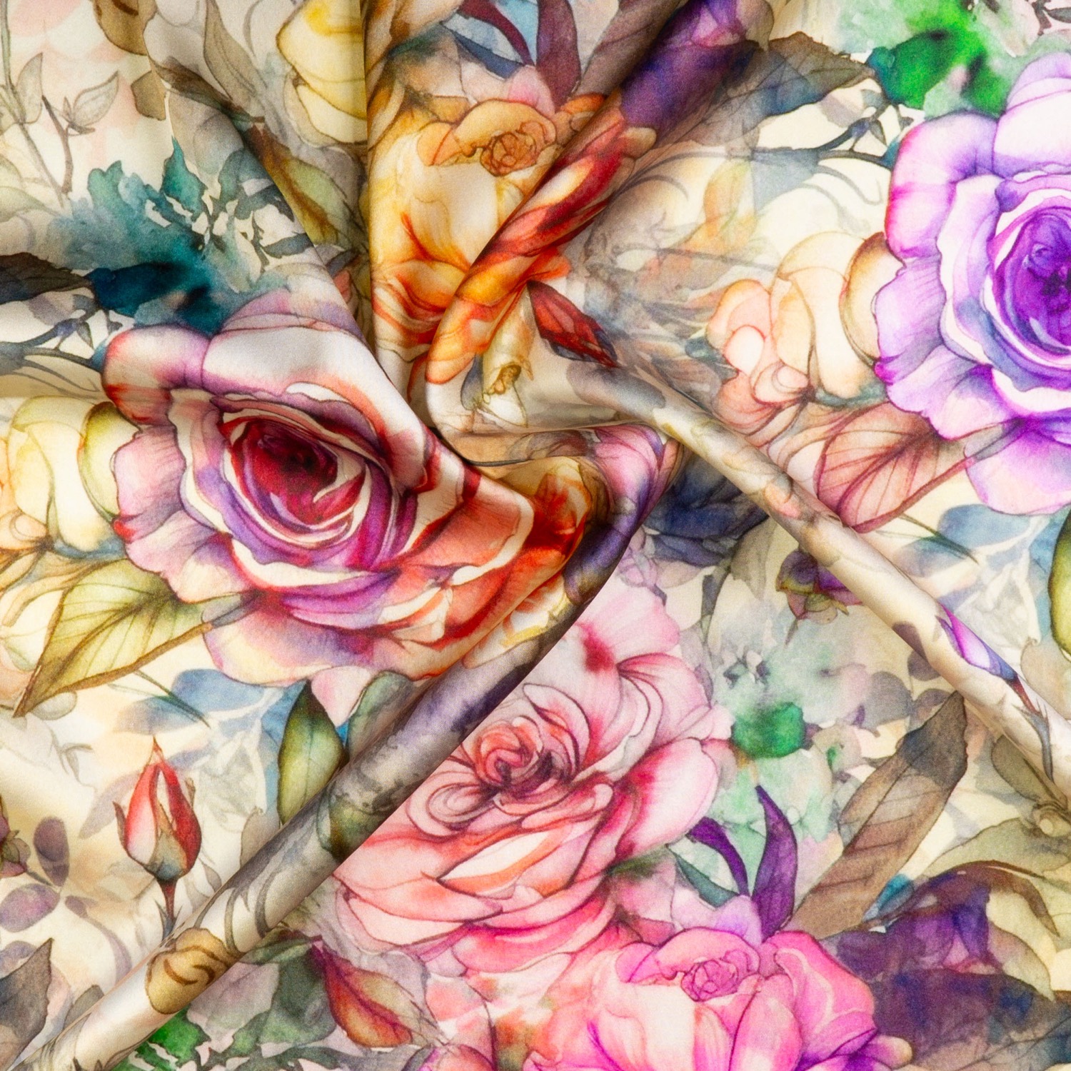 Elastischer Seidenstoff, Satin, lilatöne, gelbtöne, beerentöne, florale Motive