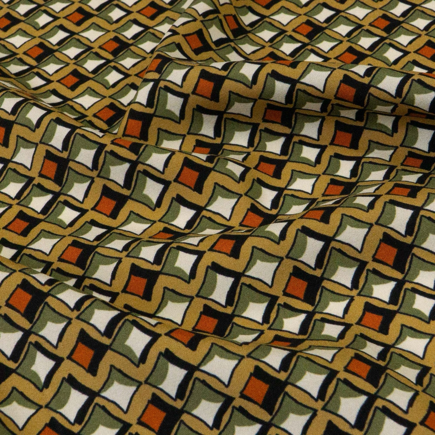 Elastischer Seidenstoff, Crêpe-Satin, ocker, oliv, rost, schwarz, grafisch gemustert – Bild 3