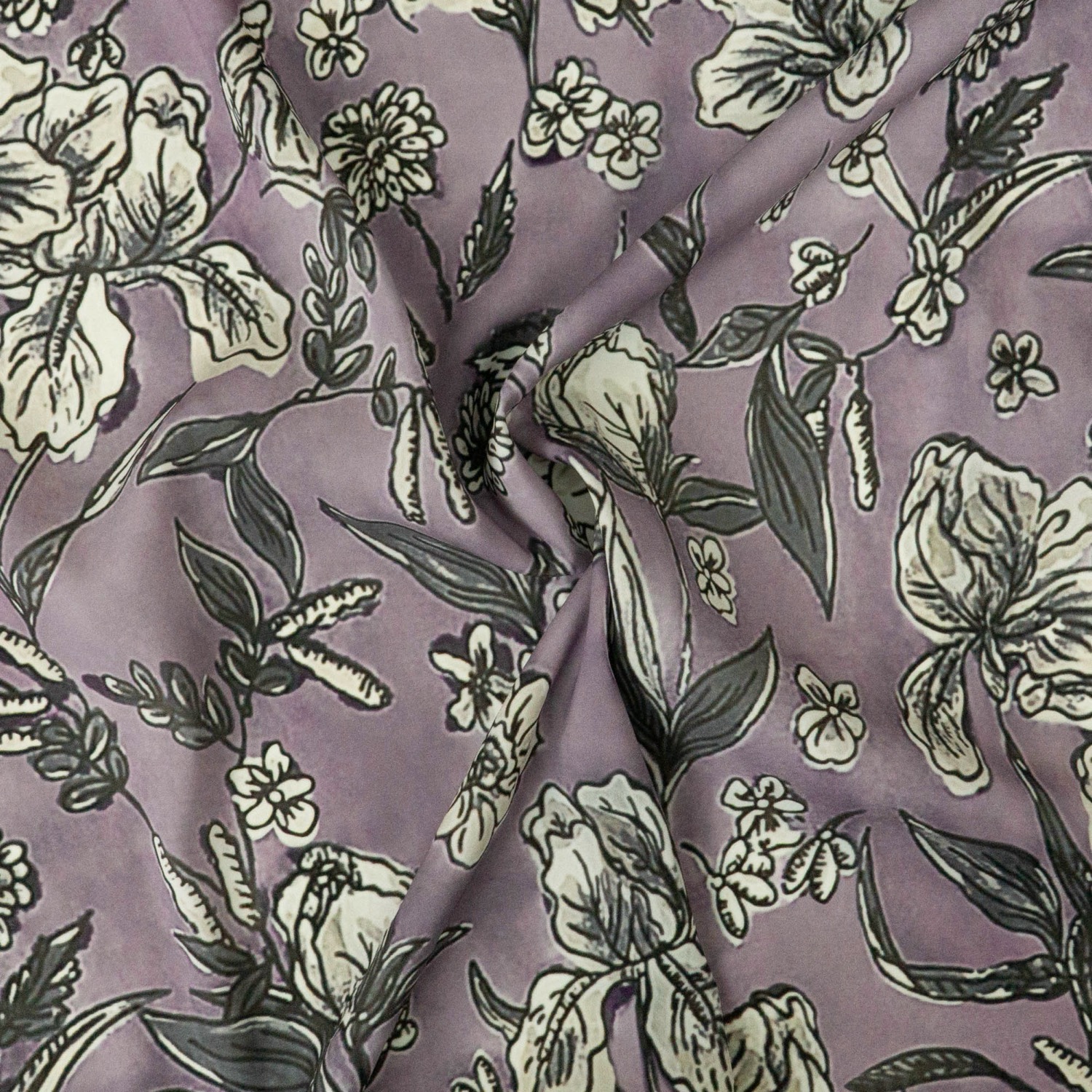 Crêpe-Satin, mauve, grautöne, florale Motive