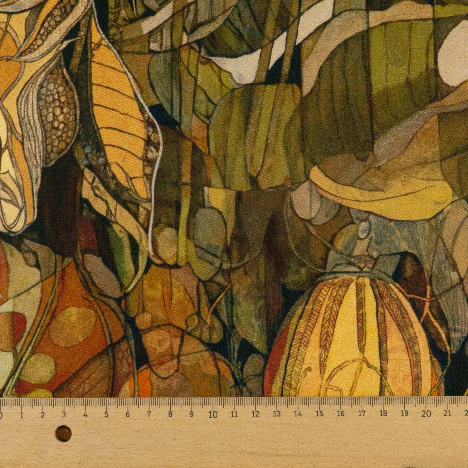 Elastischer Viskosestoff, grüntöne, gelbtöne, rost, florale Motive – Bild 5