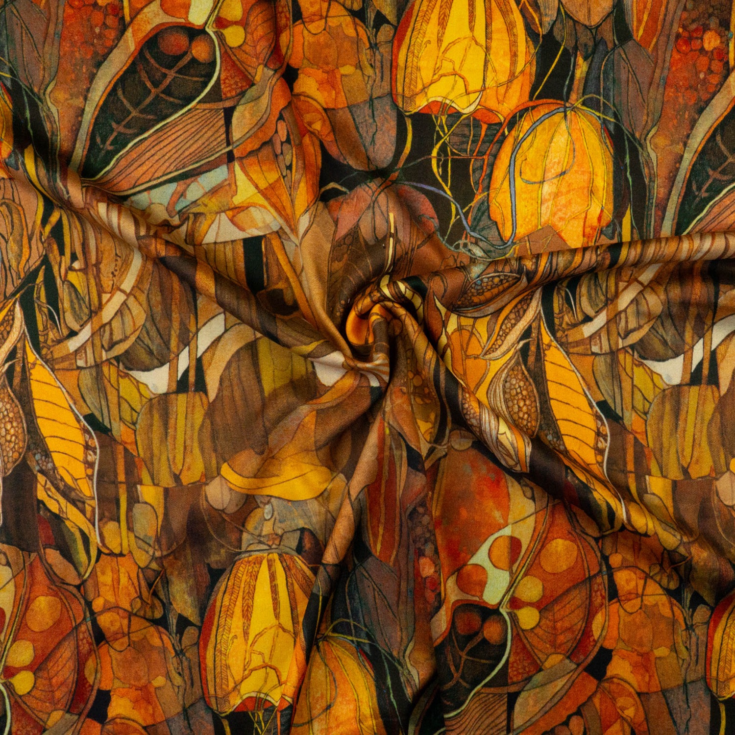 Elastischer Viskosestoff, orangetöne, gelb, brauntöne, florale Motive