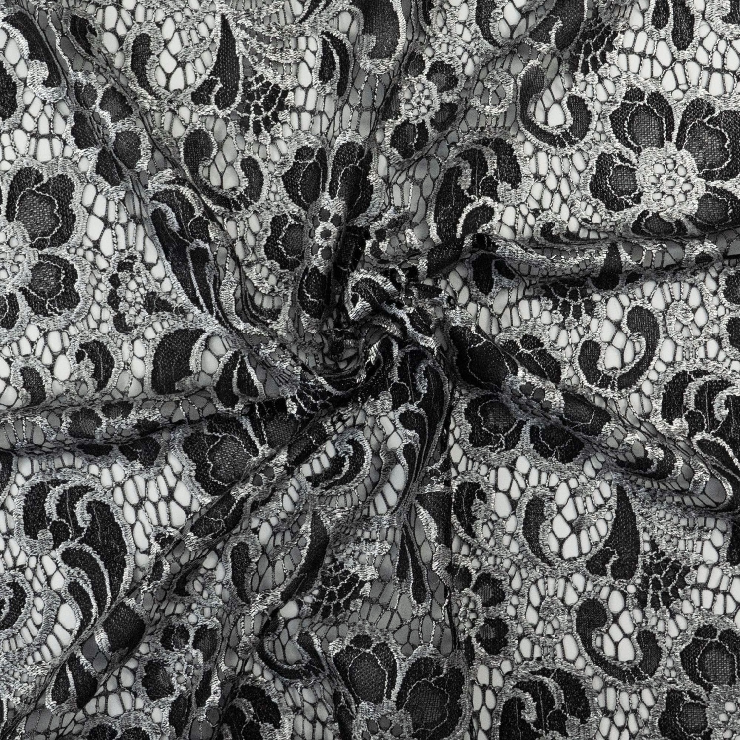 Spitzenstoff, schwarz, silber, florale Motive
