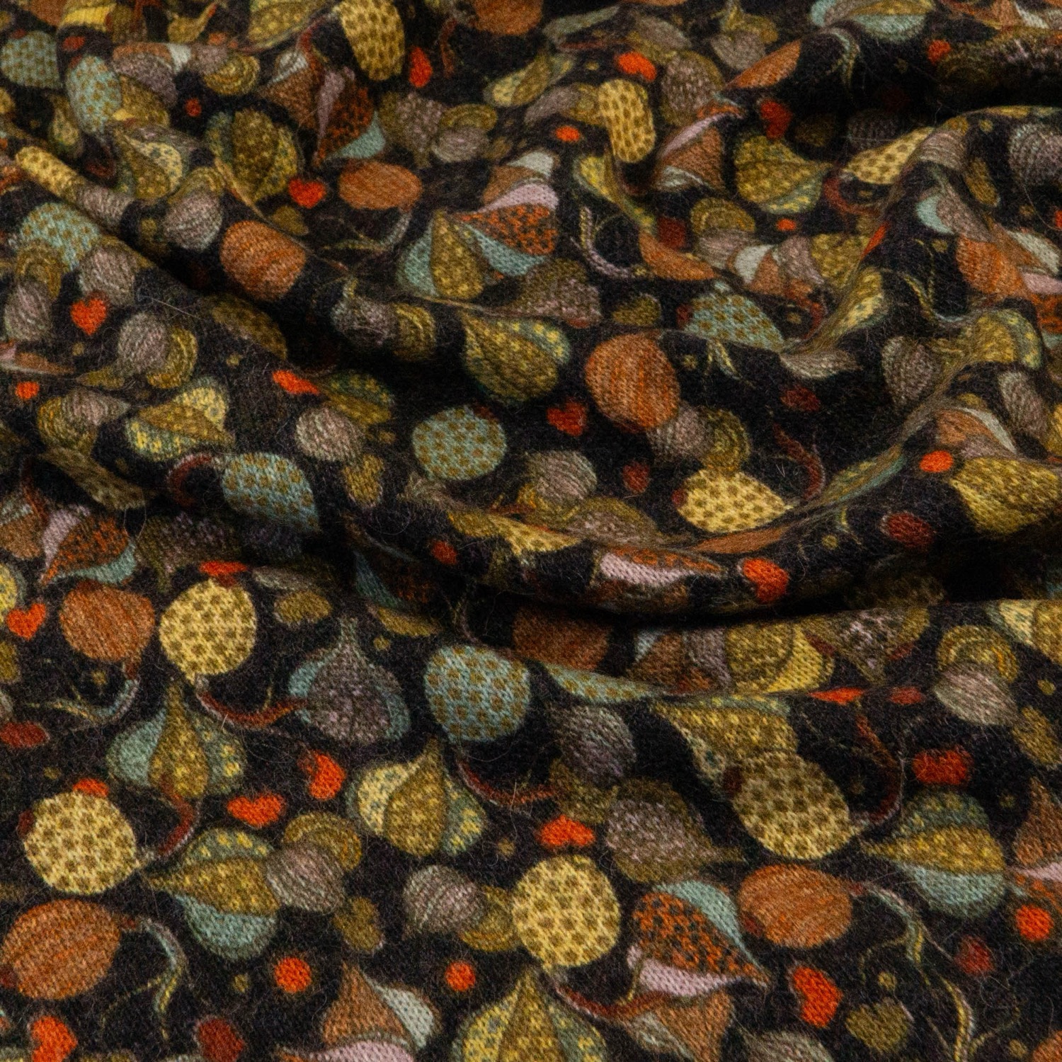 Weicher Feinstrick, schwarz, gelbtöne, rot, flieder, abstrakt gemustert – Bild 3