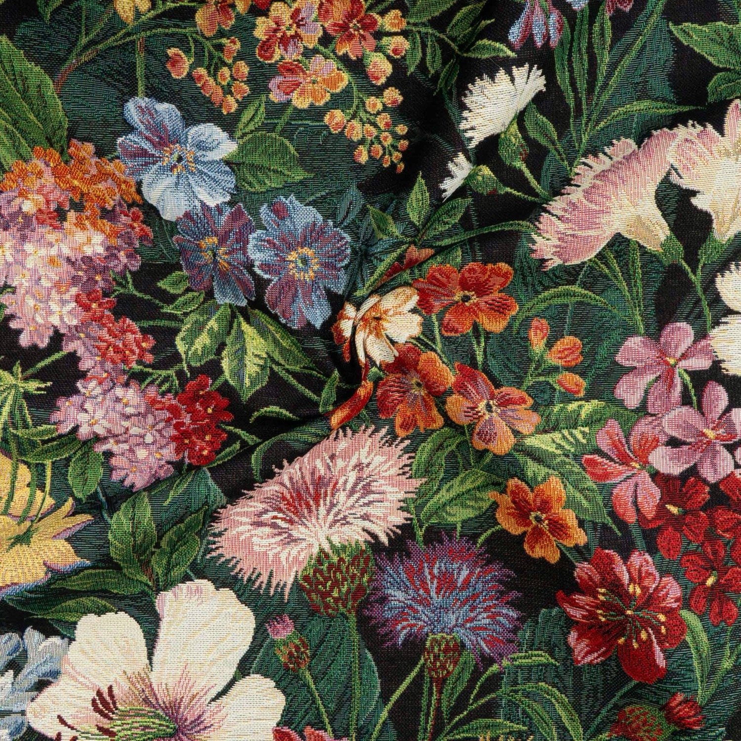 Dekostoff, Gobelin, schwarz, grün, rot, florale Motive