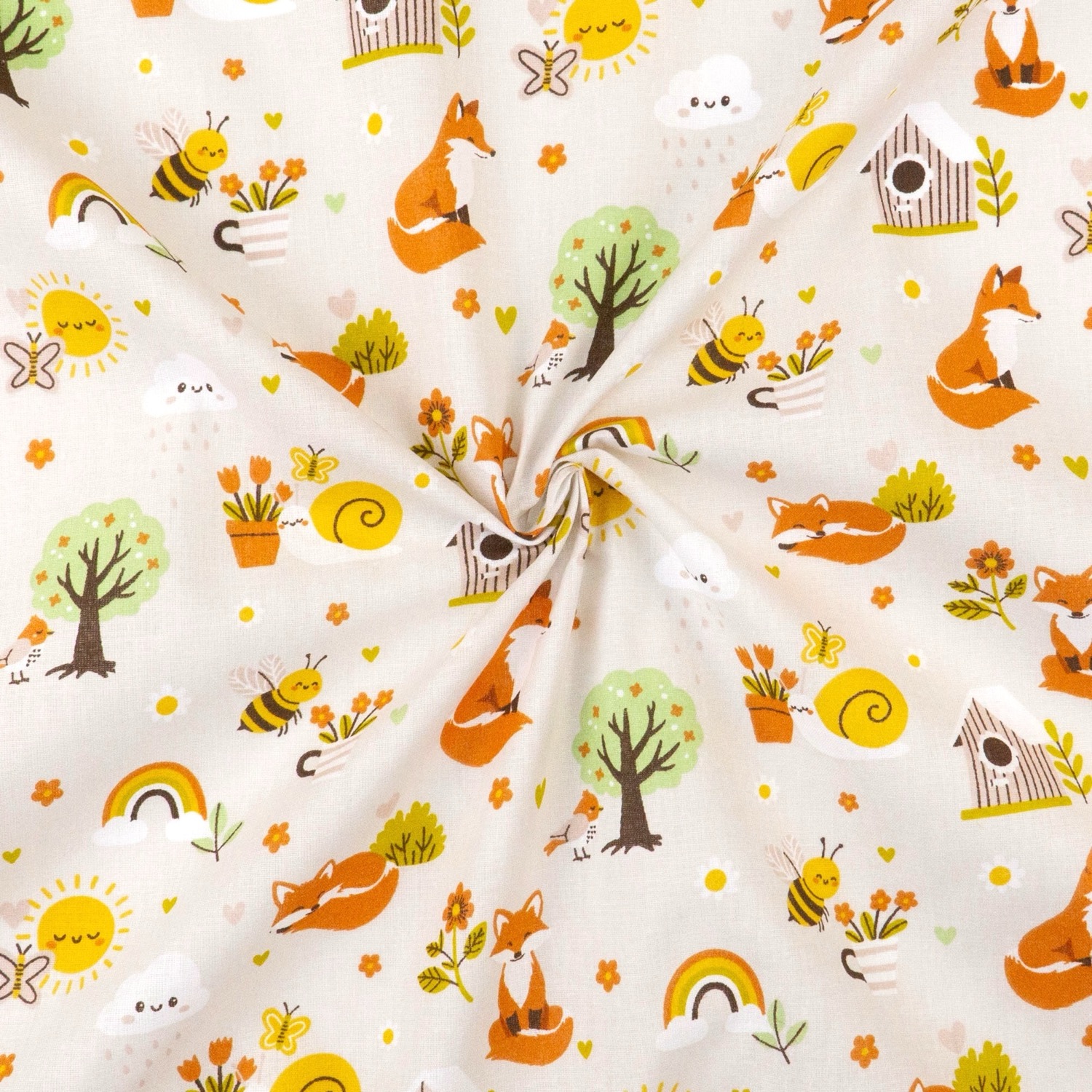 Baumwollstoff, Cretonne, hellgrau, orange, gelb, grün, Kindermotive - Tiere