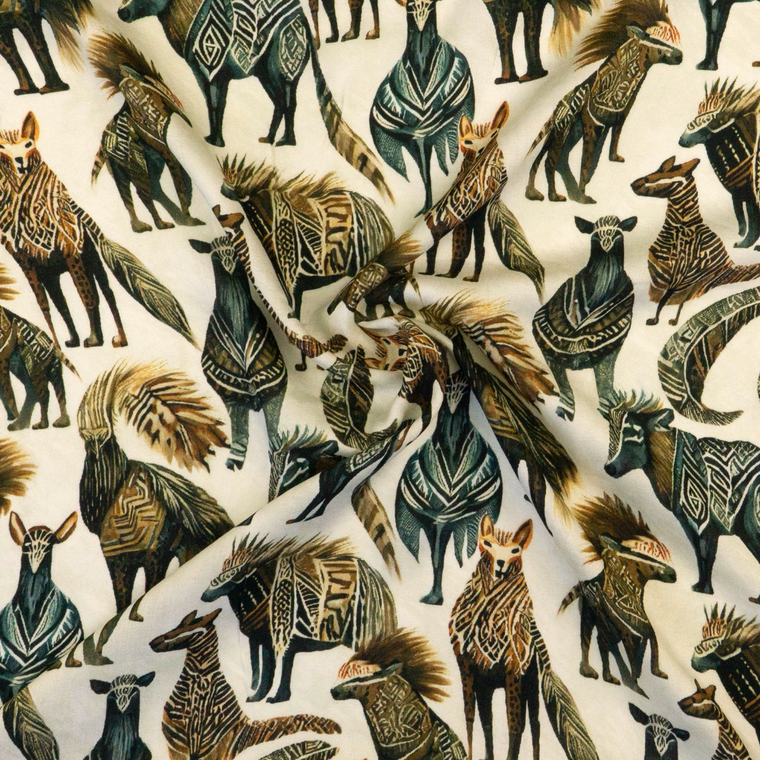 Viskosestoff, Satin, offwhite, brauntöne, blautöne, Tiermotive