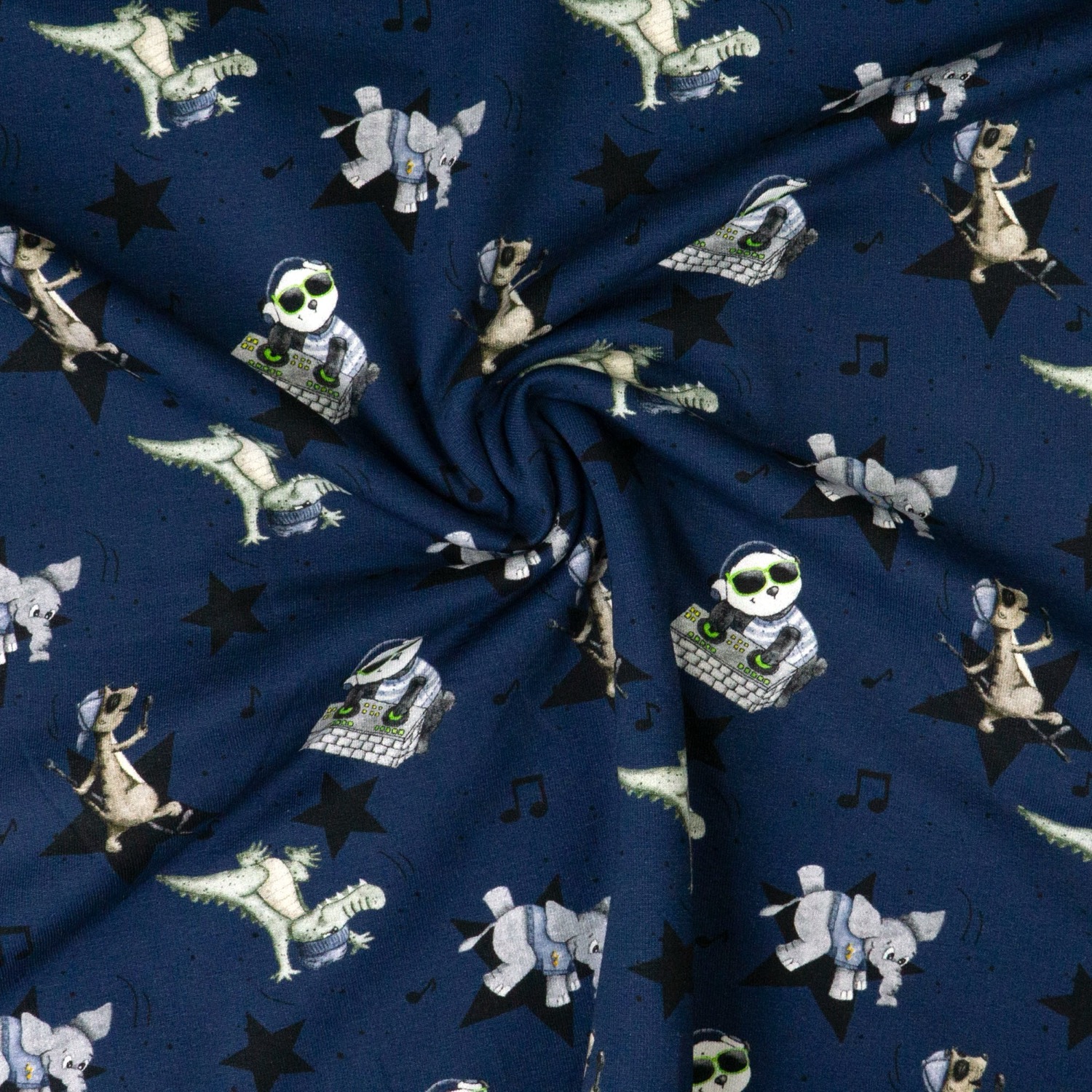 French Terry, dunkelblau, schwarz, grün, Kindermotive - Tiere