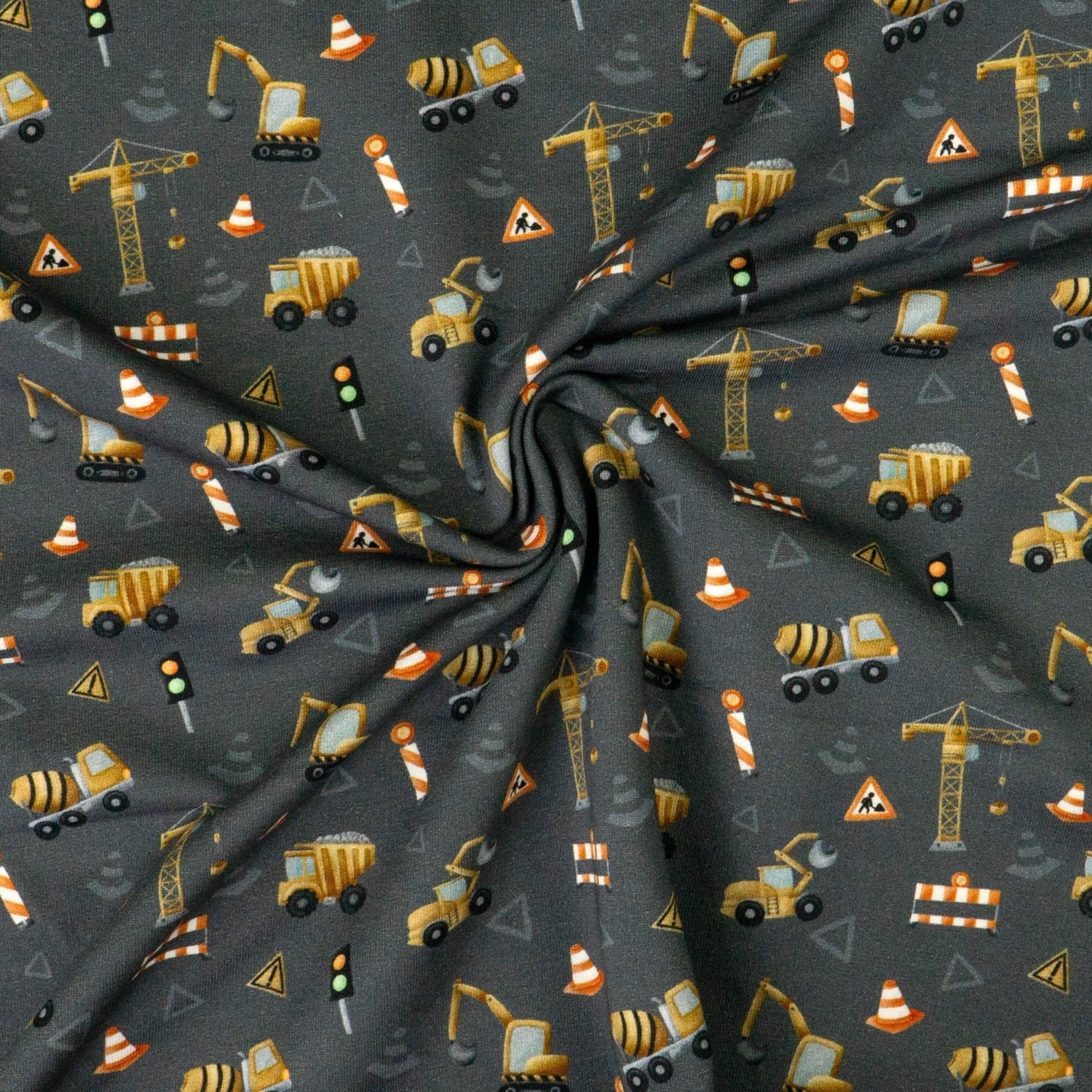 French Terry, dunkelgrau, hellbraun, rot, Kindermotive - Fahrzeuge