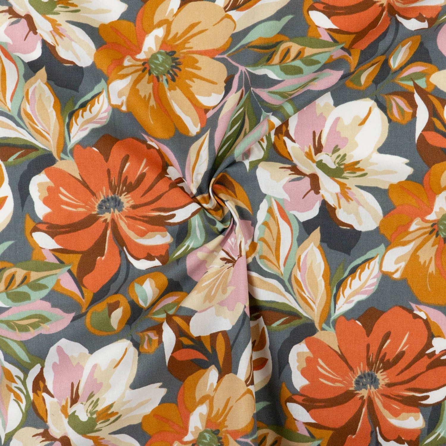 Dekostoff, Cretonne, grau, orange, rosa, mint, florale Motive