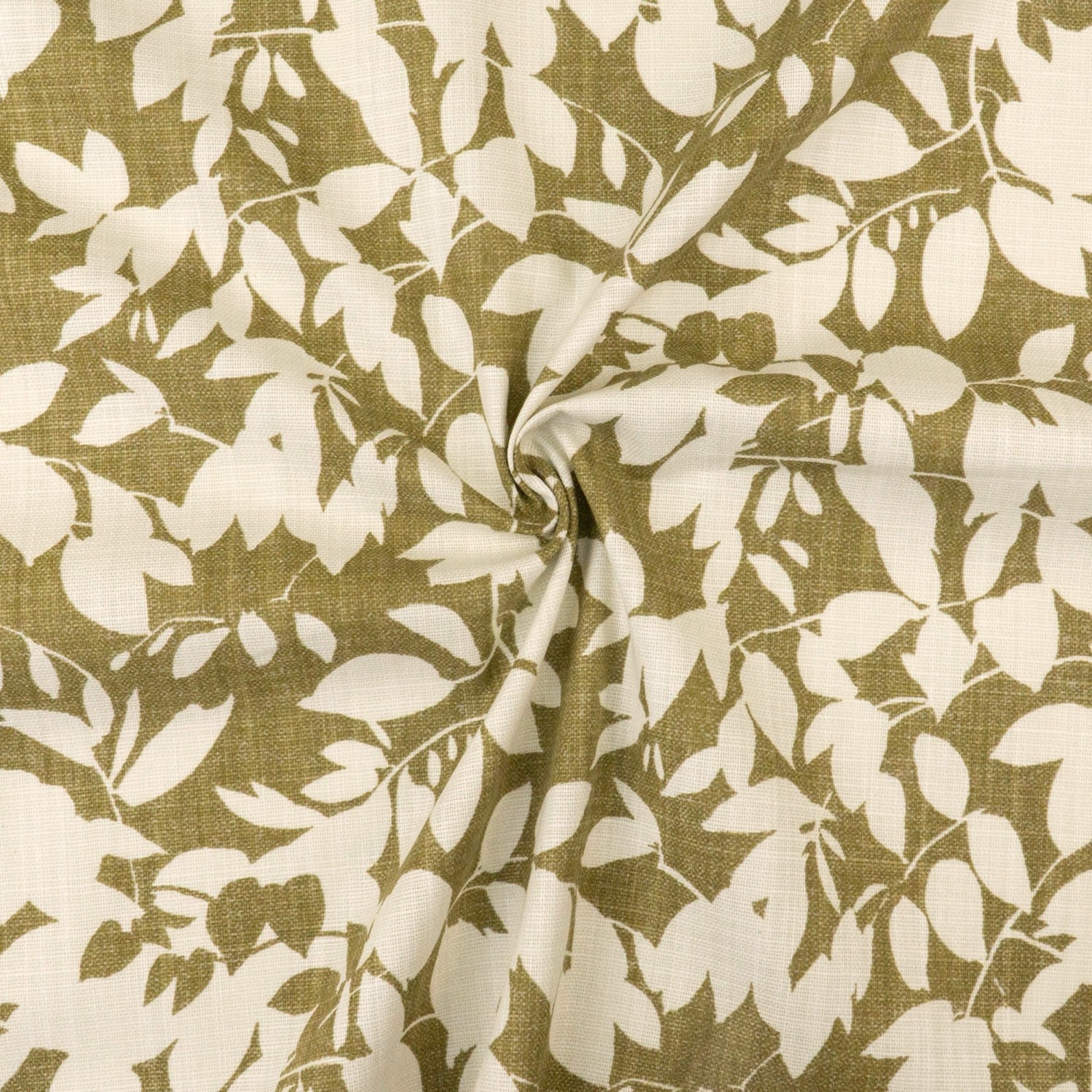 Dekostoff, Panama, grünbraun, hellgrau, florale Motive