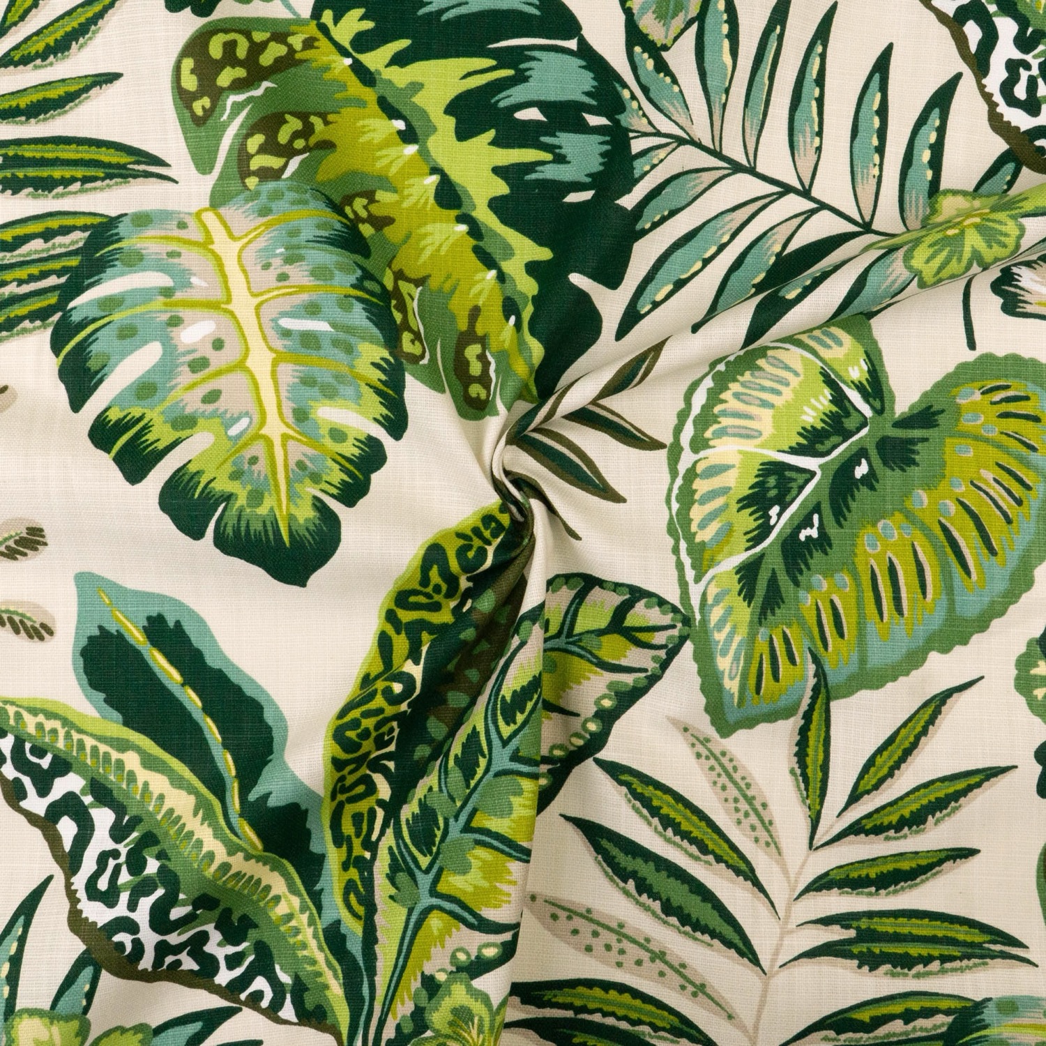 Dekostoff, Panama, creme, grüntöne, blaugrau, florale Motive