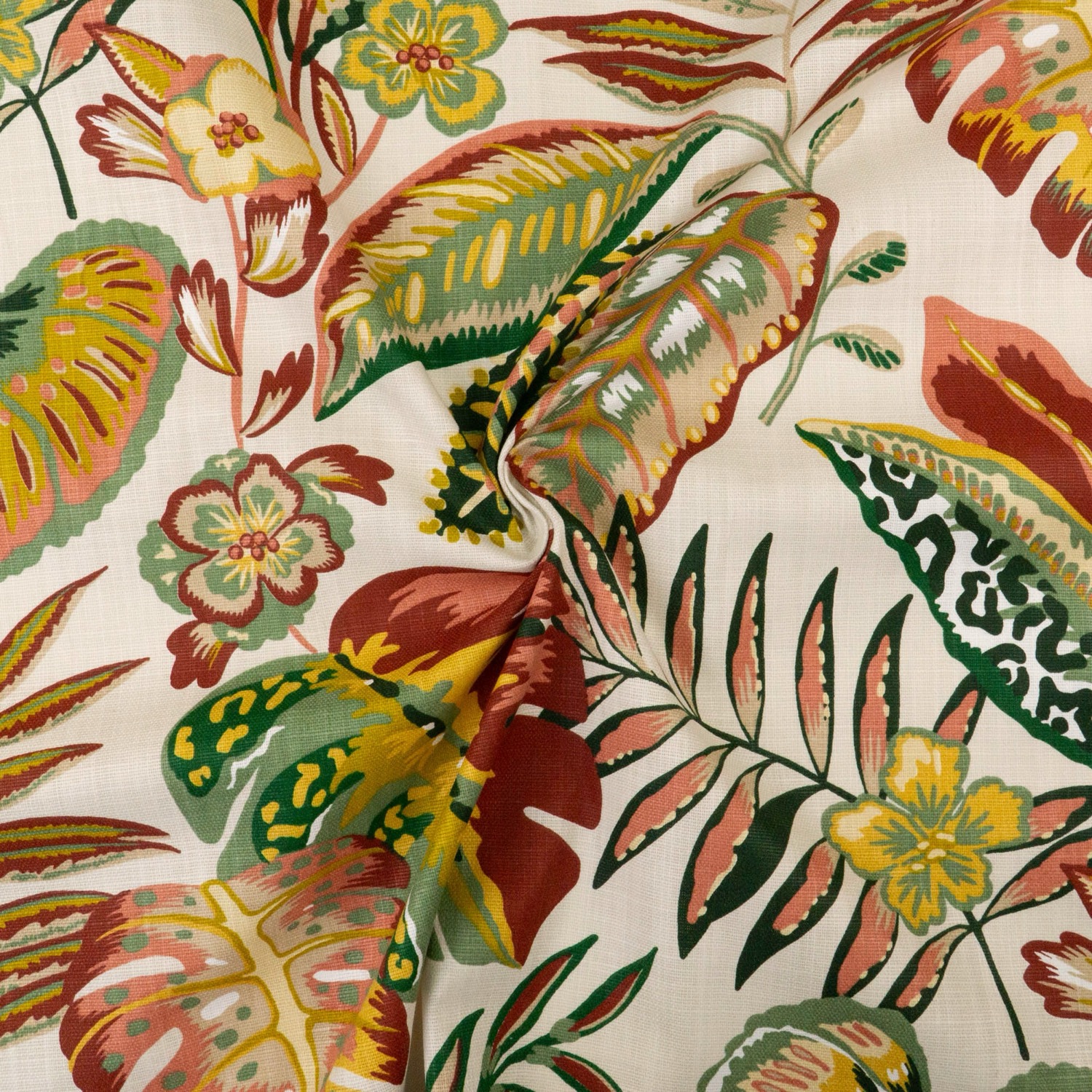 Dekostoff, Panama, creme, grüntöne, curry, rosa dunkel, florale Motive