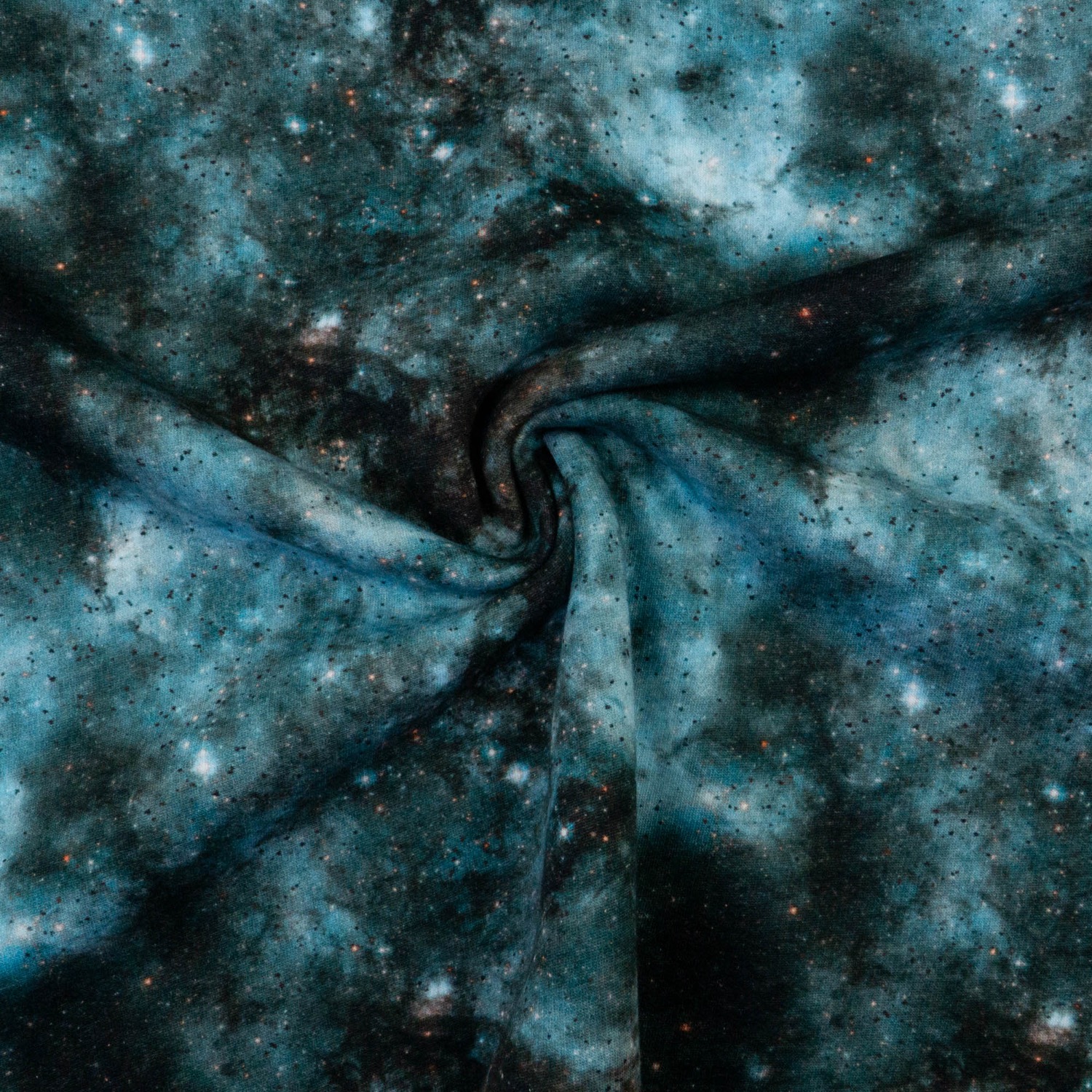 Sweatstoff, blautöne, schwarz, orange, abstrakt gemustert